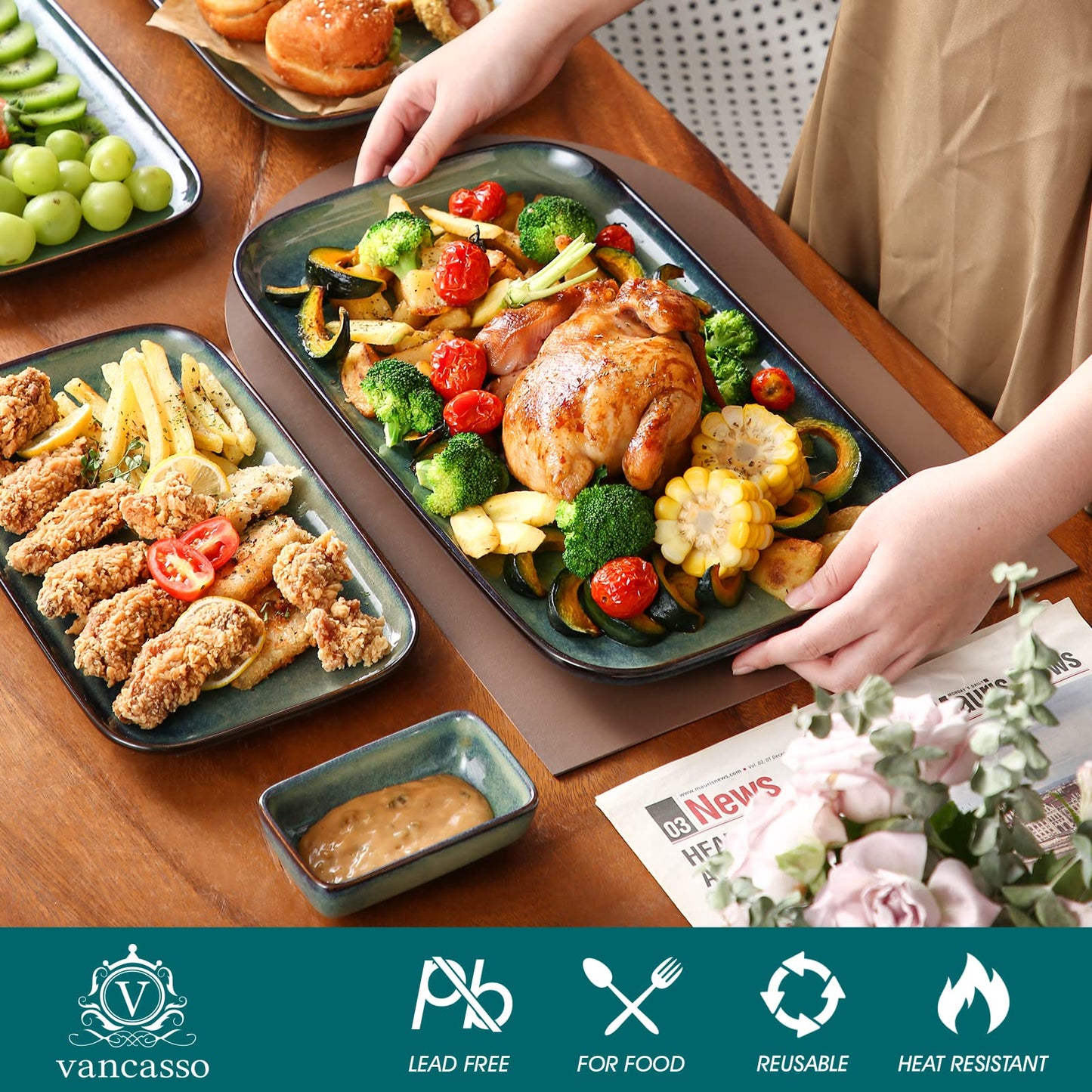 vancasso Stern Serving Platters Set of 3, 15/13/ 11 Inches Rectangular Serving Plates, Green Serving Trays for Entertaining, Party