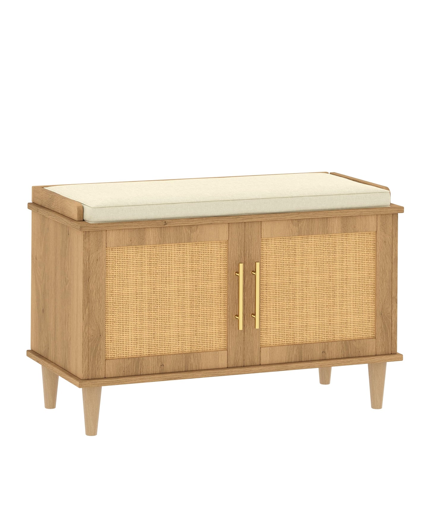 Akxomel Rattan Shoe Storage Bench with Cushion, 2-Tier Entryway Bench with Adjustable Shelves and 2 Doors, 15" D x 31.5" W x 20" H, Solid Wood Legs, for Hallway, Living Room, Bedroom, Natural Oak