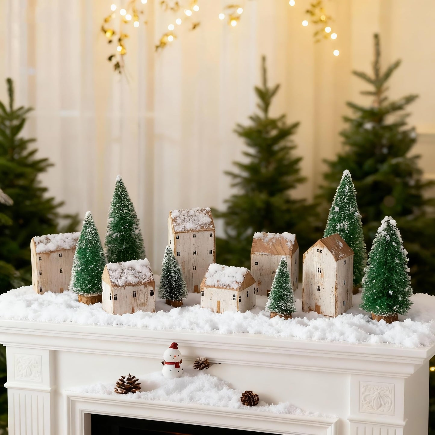 Mokof 12 Pcs Christmas Village Set - 6 Wooden Houses and 6 Snowy Trees, Farmhouse Christmas Decorations Indoor for Tabletop, Mantel, Shelves Holiday Decor (2.8" to 5.5" Tall)