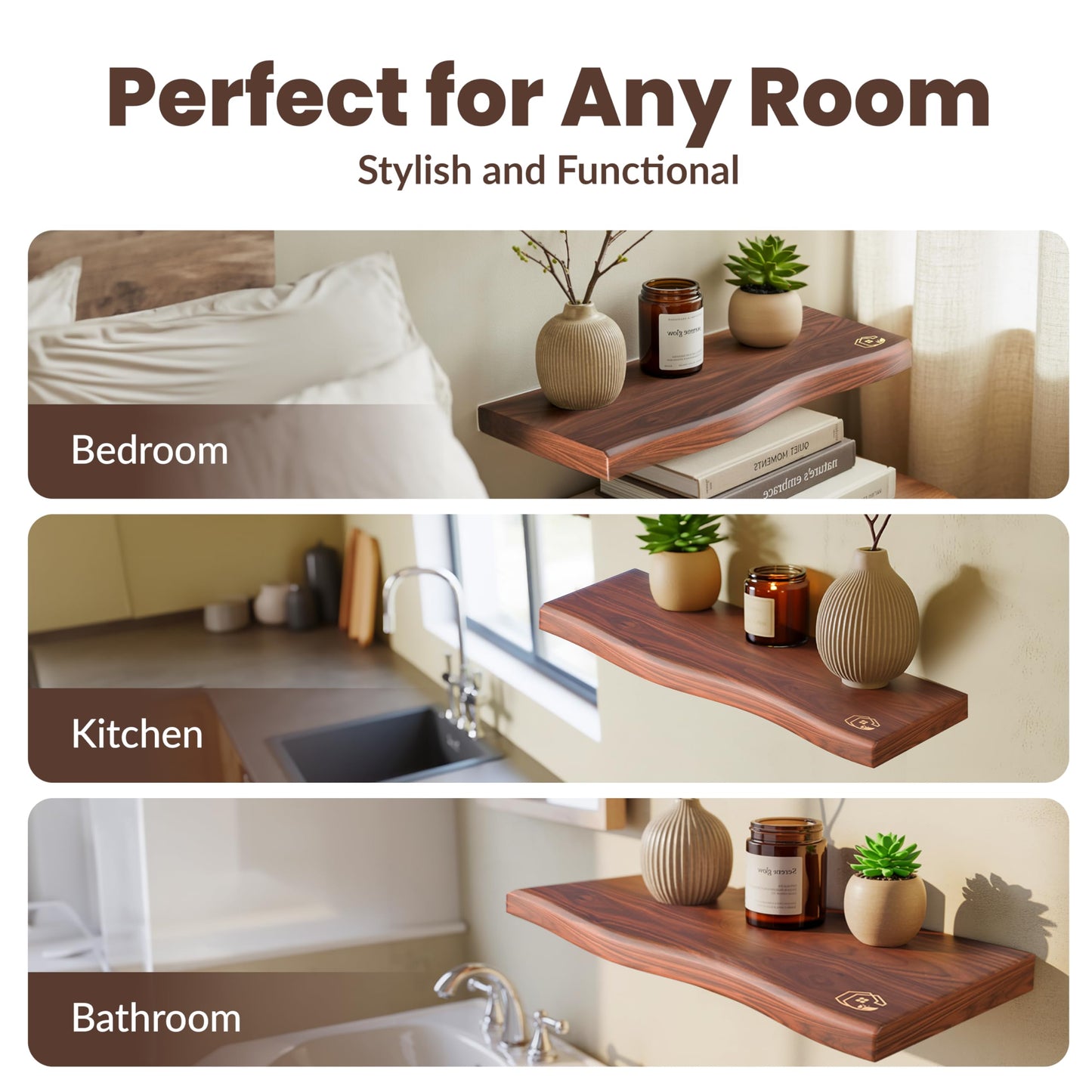 PERFECTION PLACE Live Edge Floating Wall Shelf – Solid Wood for Farmhouse, Modern, or Rustic Home Decor – with Natural Grain 18"