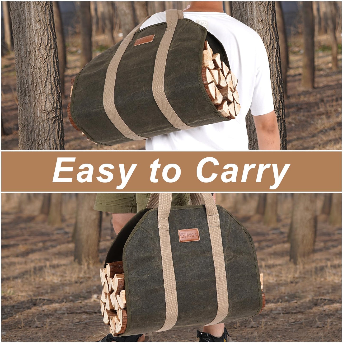 STBoo Firewood Carrier Waxed Canvas: Log Carrier for Firewood Heavy Duty | Fire Wood Carrier Tote Bag | Fireplace Log Holders for Firepit Outdoor Camping, Indoor, Wood Stove Accessories Gift, Geen