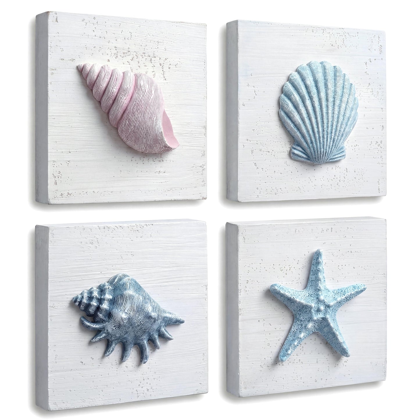 TideAndTales Beach Decor Seashell Wall Art - (Set of 4) Textured 3D Shells and Starfish Decorations for Home or Beach House, Rustic Ocean Theme Coastal Bedroom or Bathroom Wall Decor 6" x 6"