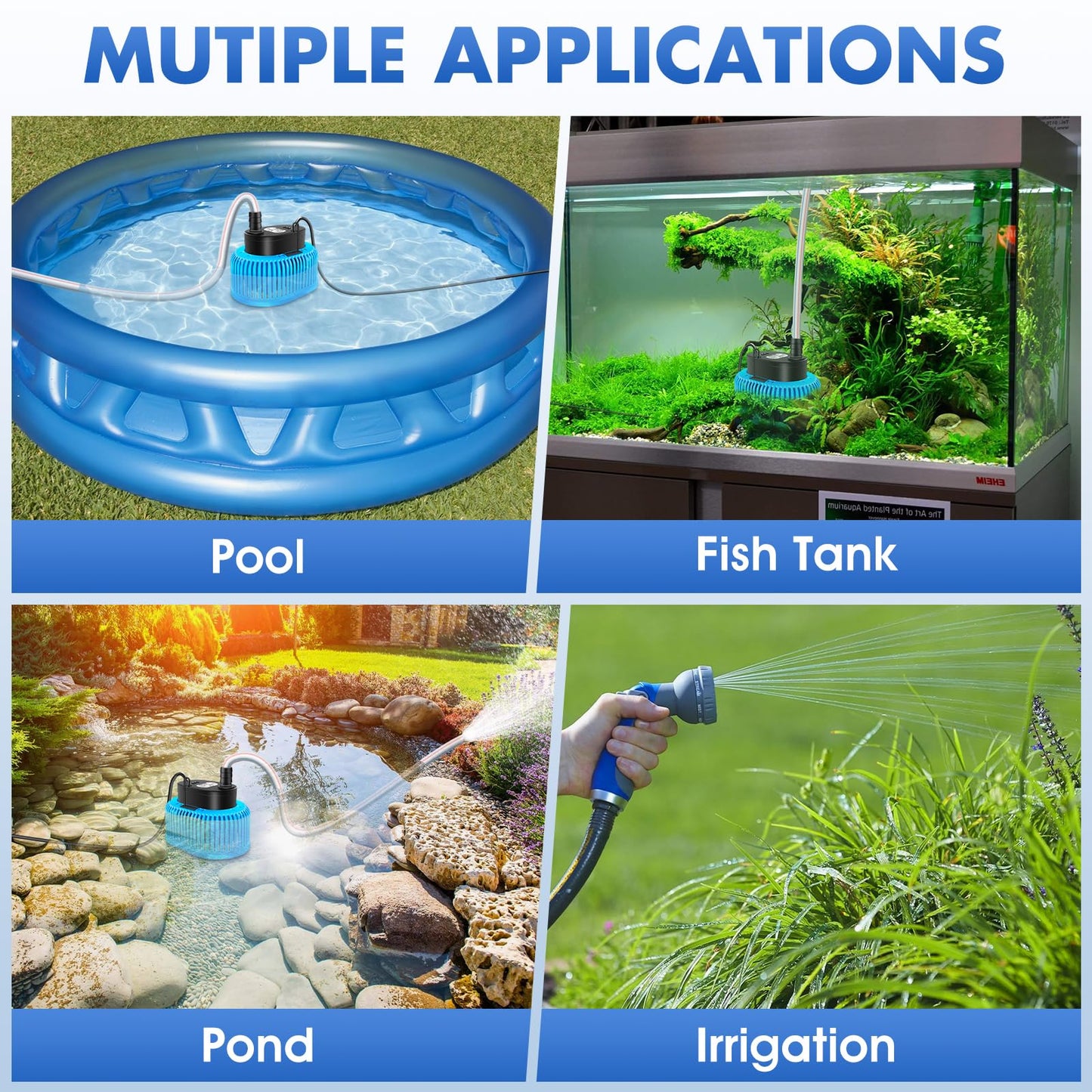 Pool Cover Pump Above Ground, Automatic Water Sensor, Sump Pump for Pool Draining, Pool Cover Water Removal 4 Adapters, 16ft Hose & 25ft Power Cord, 850 GPH (Blue)