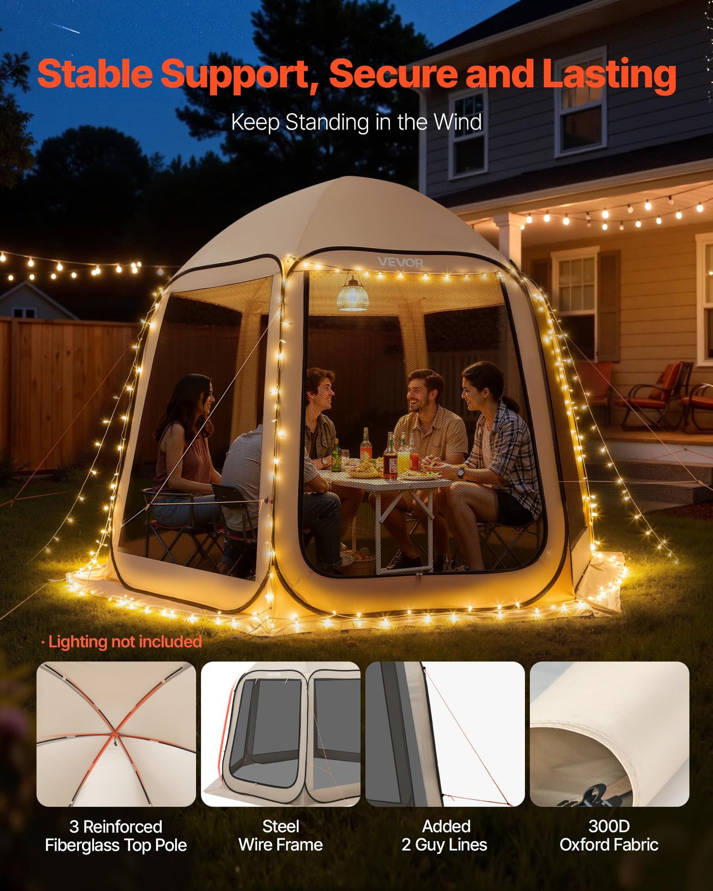 VEVOR Pop up Screen House Tent, 10 x 9.2 ft, 4-8 Person Screen Gazebo, Portable Screened in Canopy with Carry Bag, Netting Sides, Ground Stakes, for Garden, Patio, Backyard, Outdoor Activities, Beige