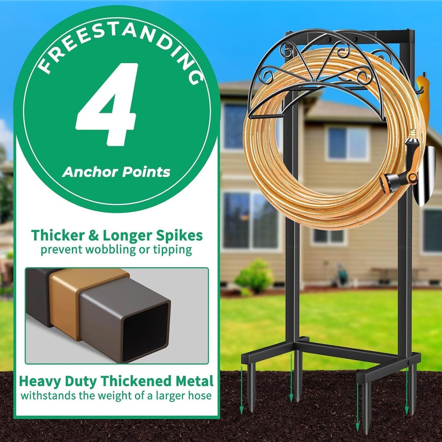 TomCare Garden Hose Holder Heavy Duty Water Hose Holder Holds 160 FT Hoses 4 Spikes Hose Reel Freestanding Hose Hanger Sturdy Hose Storage Stand for Outside Yard Lawn