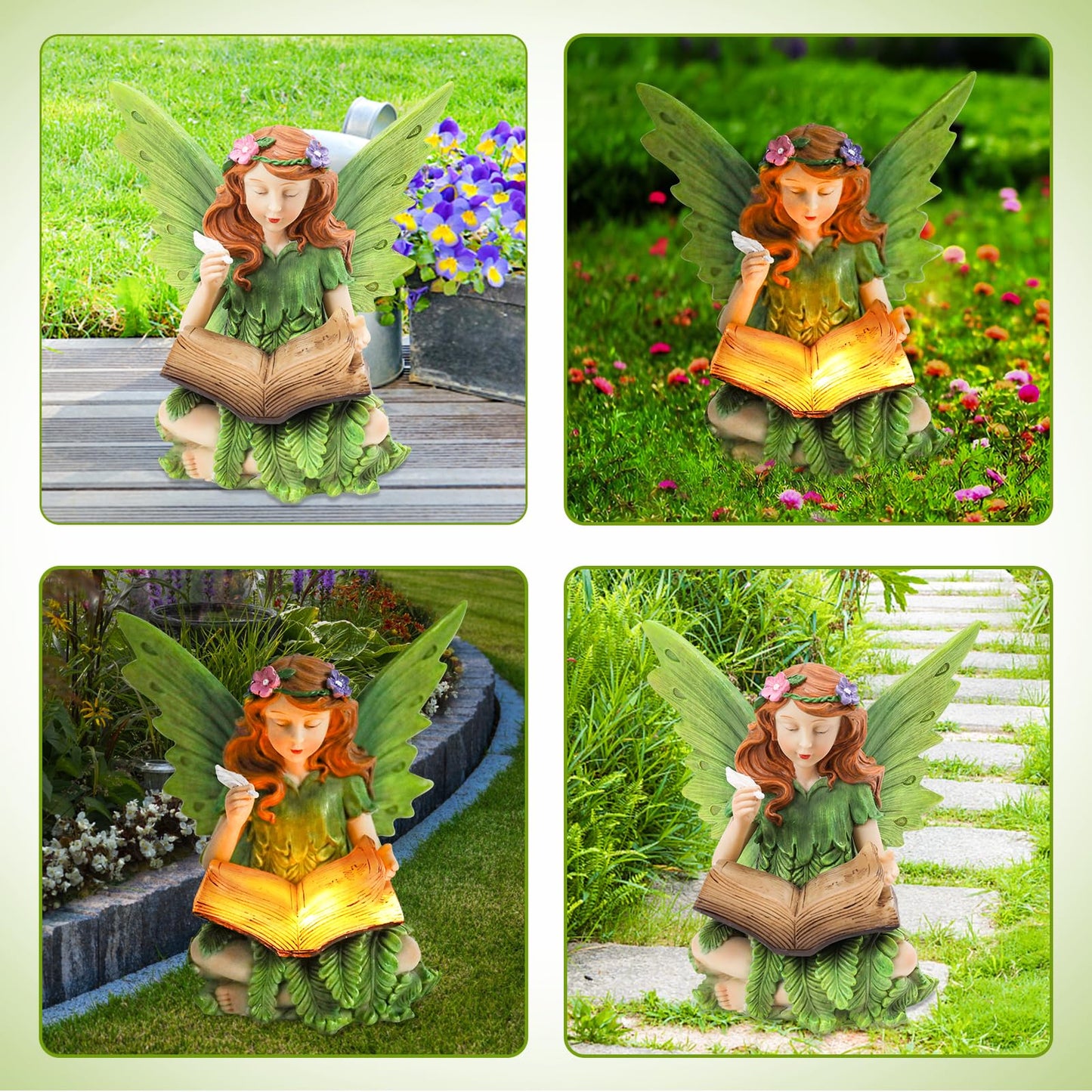 Afirst Solar Garden Fairy Statue, Green Fairy Solar Light Outdoor Resin Statues Figurine Light, Angel Reading Book Sculpture Solar Light for Outside Patio Garden Yard Lawn Decor