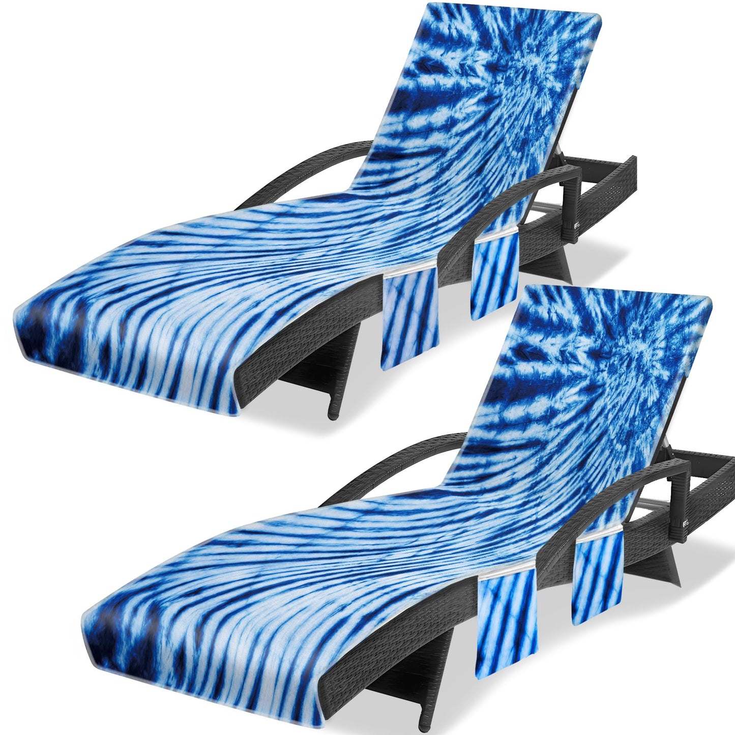 Lounge Chair Towel Cover (Pack of 2), Tie Dye Style Chaise Lounge Cover, Beach Chair Covers with Pockets for Pool Beach Garden Courtyard Outdoor Trips, 85 x30 in, Royal Blue