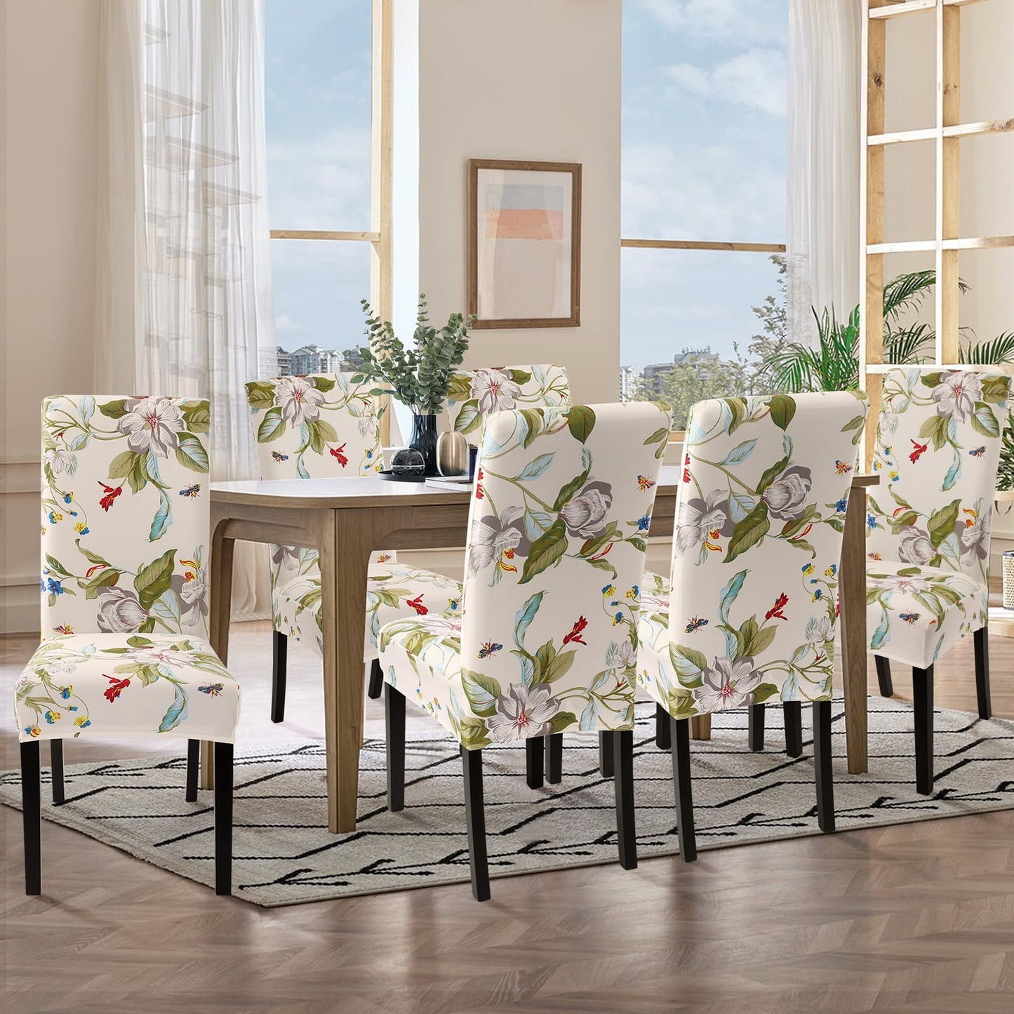 SearchI Chair Covers Slipcovers Set of 4, Spandex Super Fit Stretch Removable Washable Kitchen Parsons Protector for Dining Room,Hotel,Ceremony,Beige+Flowers