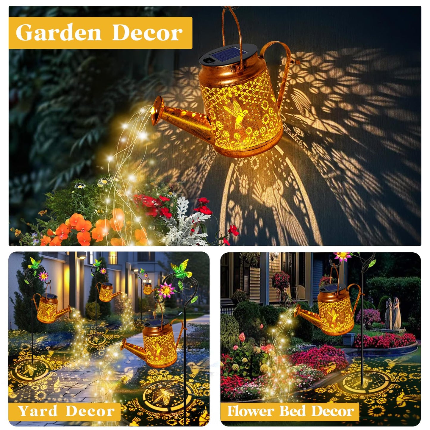 Solar Watering Can Lights, Hummingbird Hanging Lanterns Outdoor, Birthday Gifts for Mom Women Grandma Mother's Day, Waterproof Solar Lights Garden Decor for Outside Yard Art Patio Porch Lawn Backyard