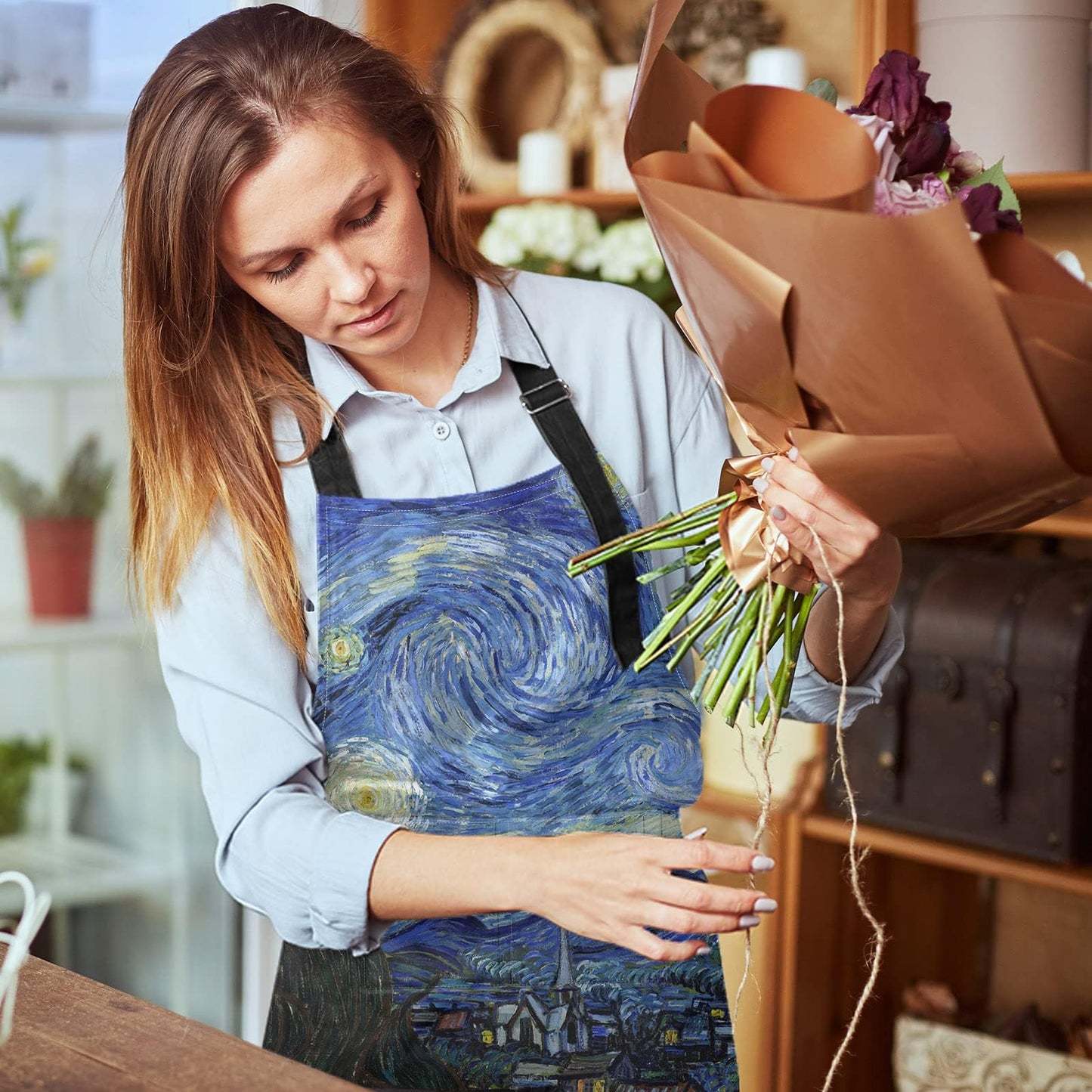 Britimes Apron Home Kitchen Cooking Baking Gardening for Women Men With Pockets Starry Night Oil Painting 32x28 inch