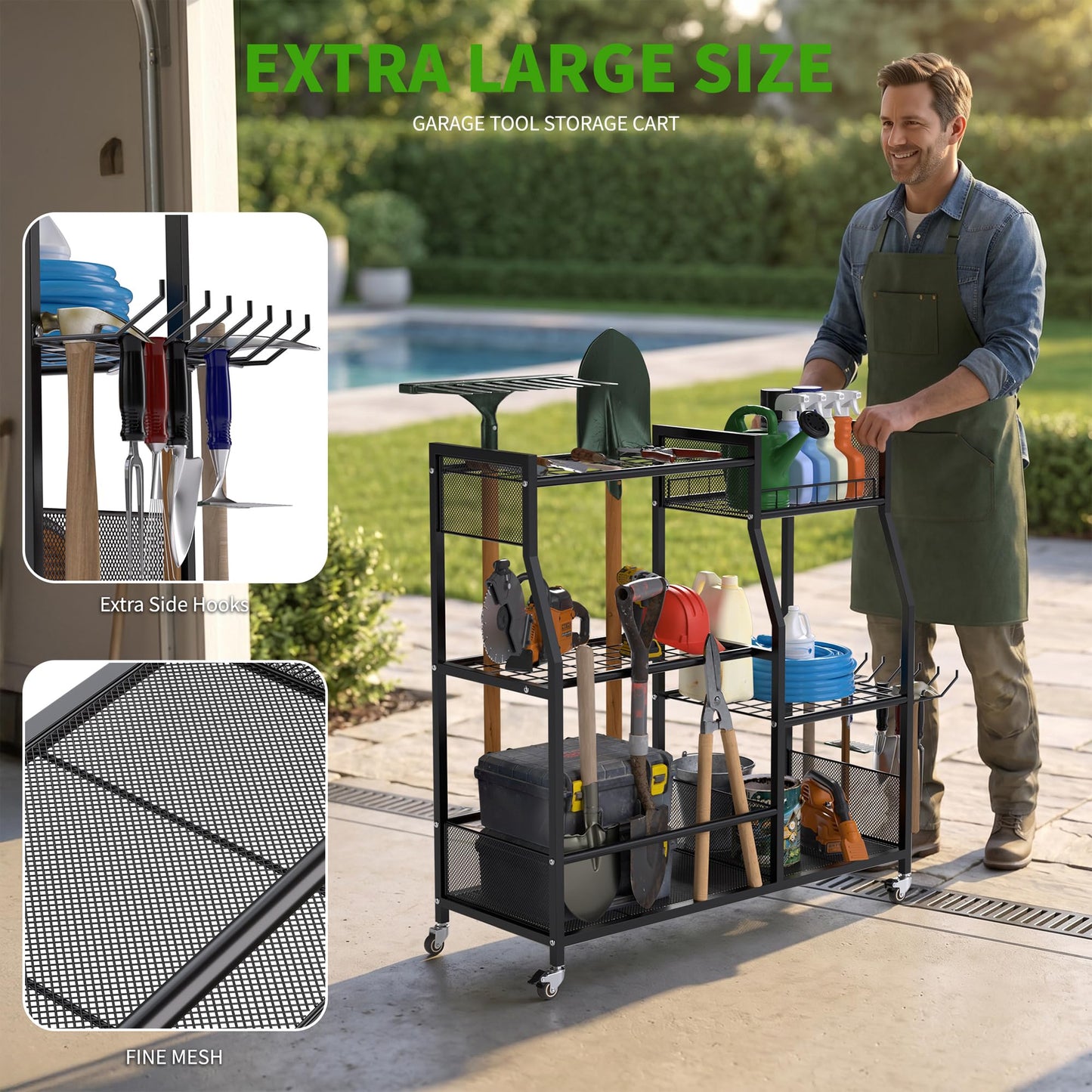 HOTEAGLE Garden Tool Organizer for Garage with 35.4” Width(High Stability), Outdoor Metal Utility Rolling Carts with Mute Wheels & 18.5mm Thick Rods, Easy to Clean, Black