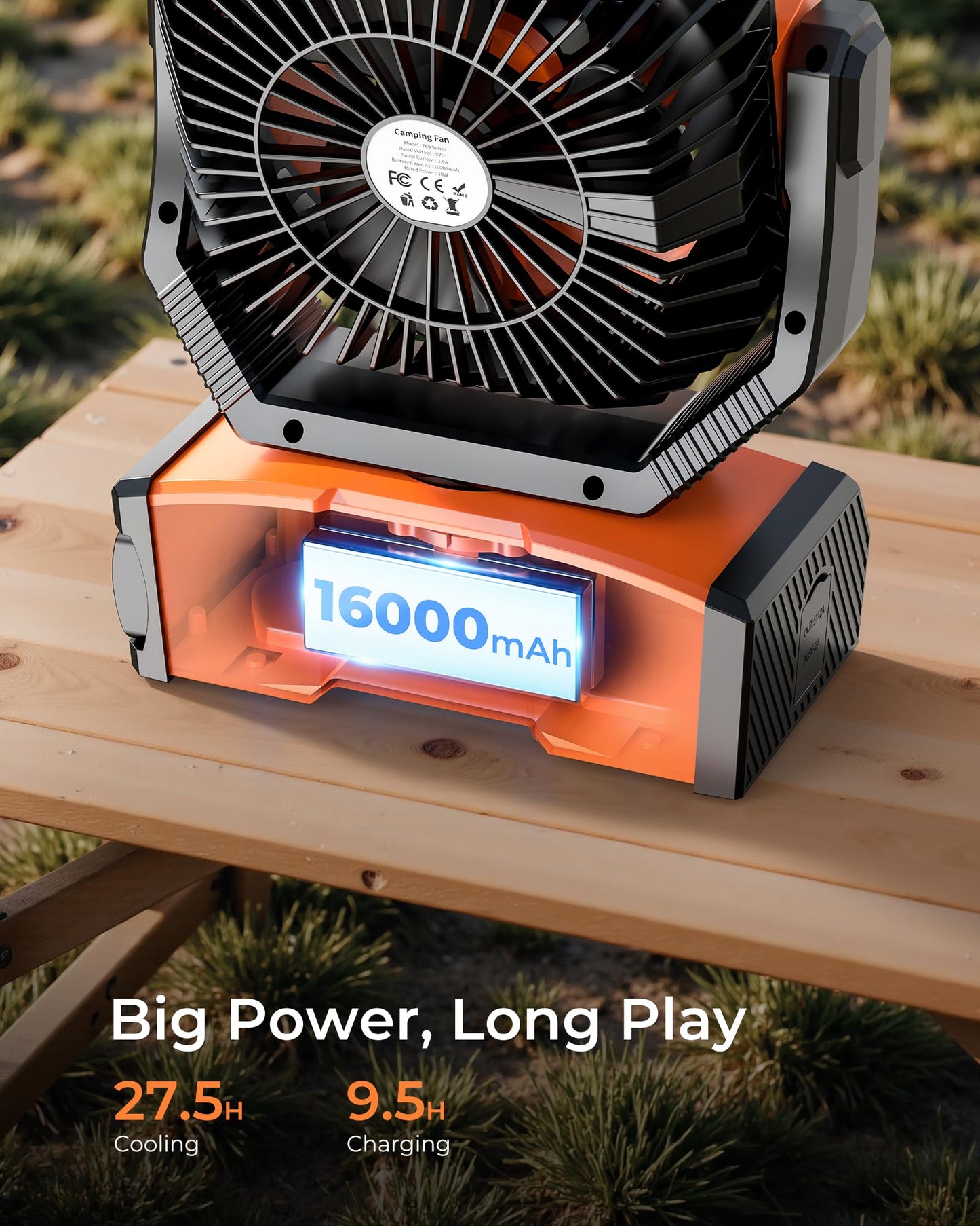 8” Portable Rechargeable Fan, Battery Operated Camping Fan with 27H Work Hours, Remote, Auto Oscillation, Timer, Hook for RV Tent Hurricane Emergency Orange