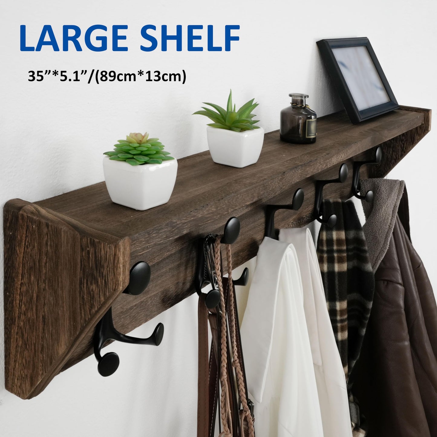 WEBI Wall Shelf with Hooks Underneath,35" Long Wall Mounted Coat Rack with Shelf,Entryway Coat Rack with 5 Triple Hooks for Hanging Coats,Jacket,Hallway,Bedroom,Mudroom,Weathered Brown