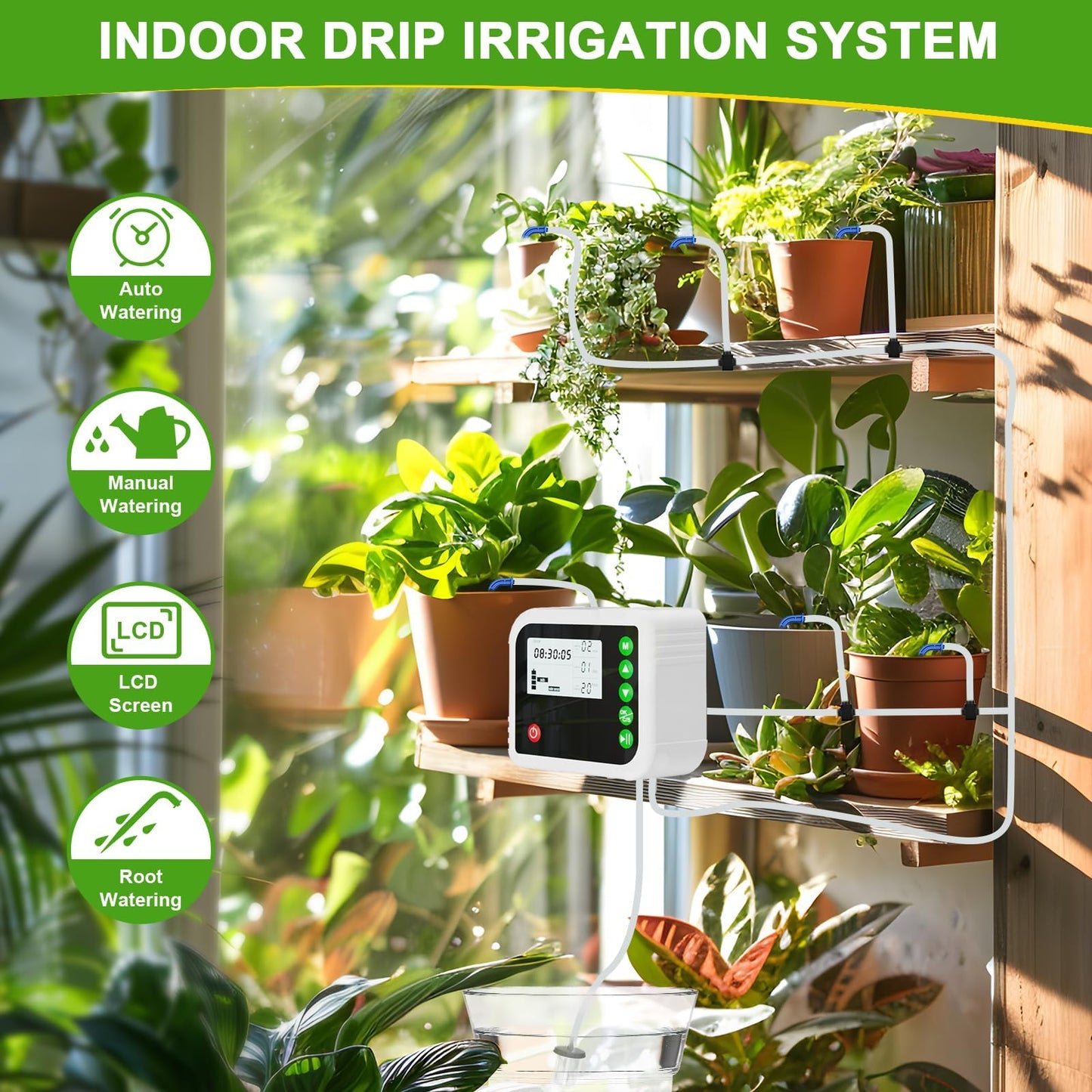 ZWJBSGY Automatic Plant Water Indoor, 15 Potted Plants Self Watering System, Automatic Drip Irrigation Kit Plant Watering Devices Programmable Water Timer, LED Display and Power Supply