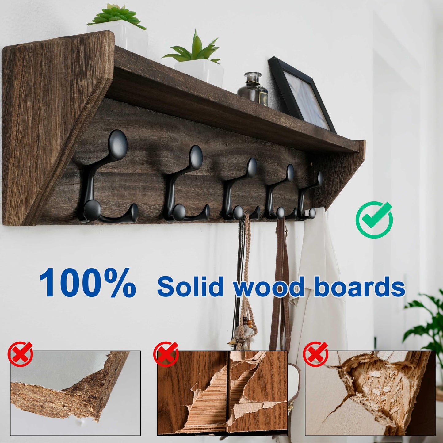 WEBI Wall Shelf with Hooks Underneath,35" Long Wall Mounted Coat Rack with Shelf,Entryway Coat Rack with 5 Triple Hooks for Hanging Coats,Jacket,Hallway,Bedroom,Mudroom,Weathered Brown