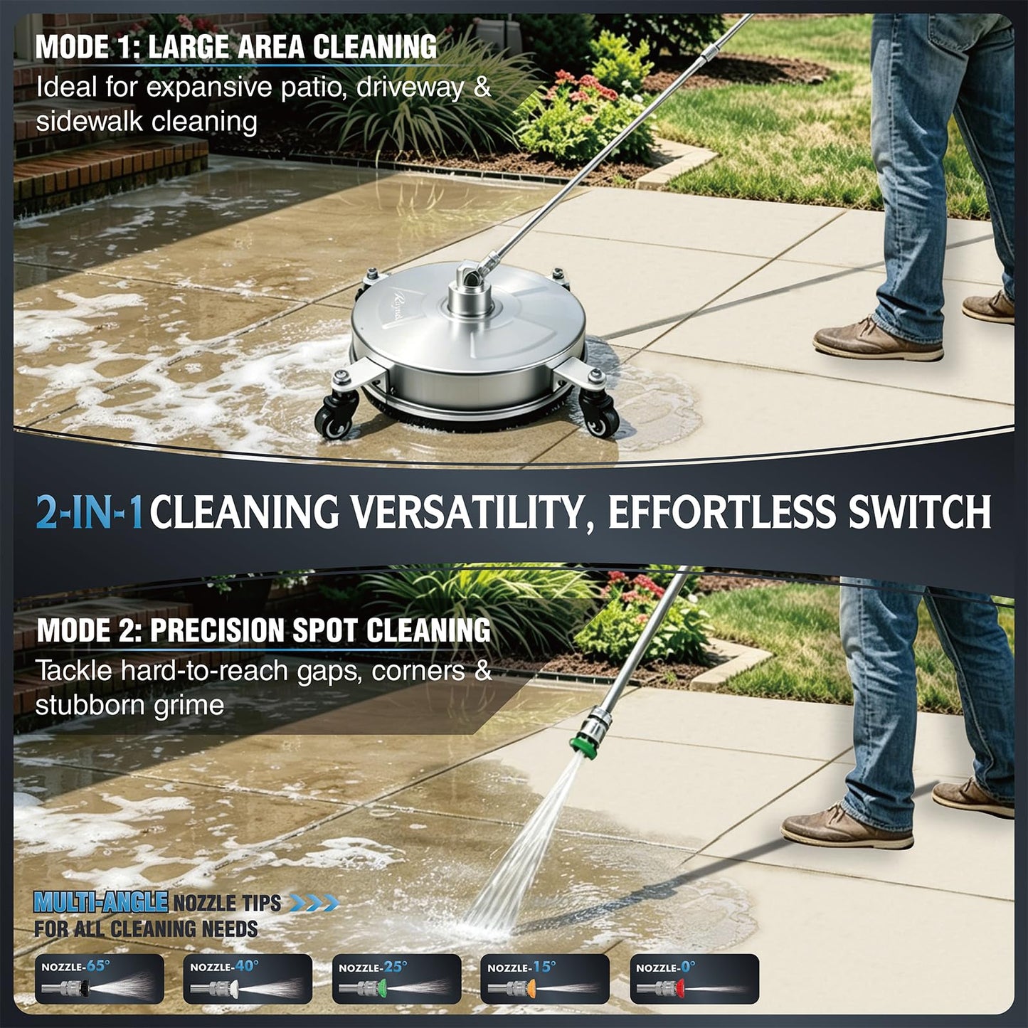 RAYNEL 14'' Pressure Washer Surface Cleaner with 4 Wheels, Stainless Steel Housing, 1/4" Quick Plug, 2 Extended Wands, 2 Replacement Nozzles