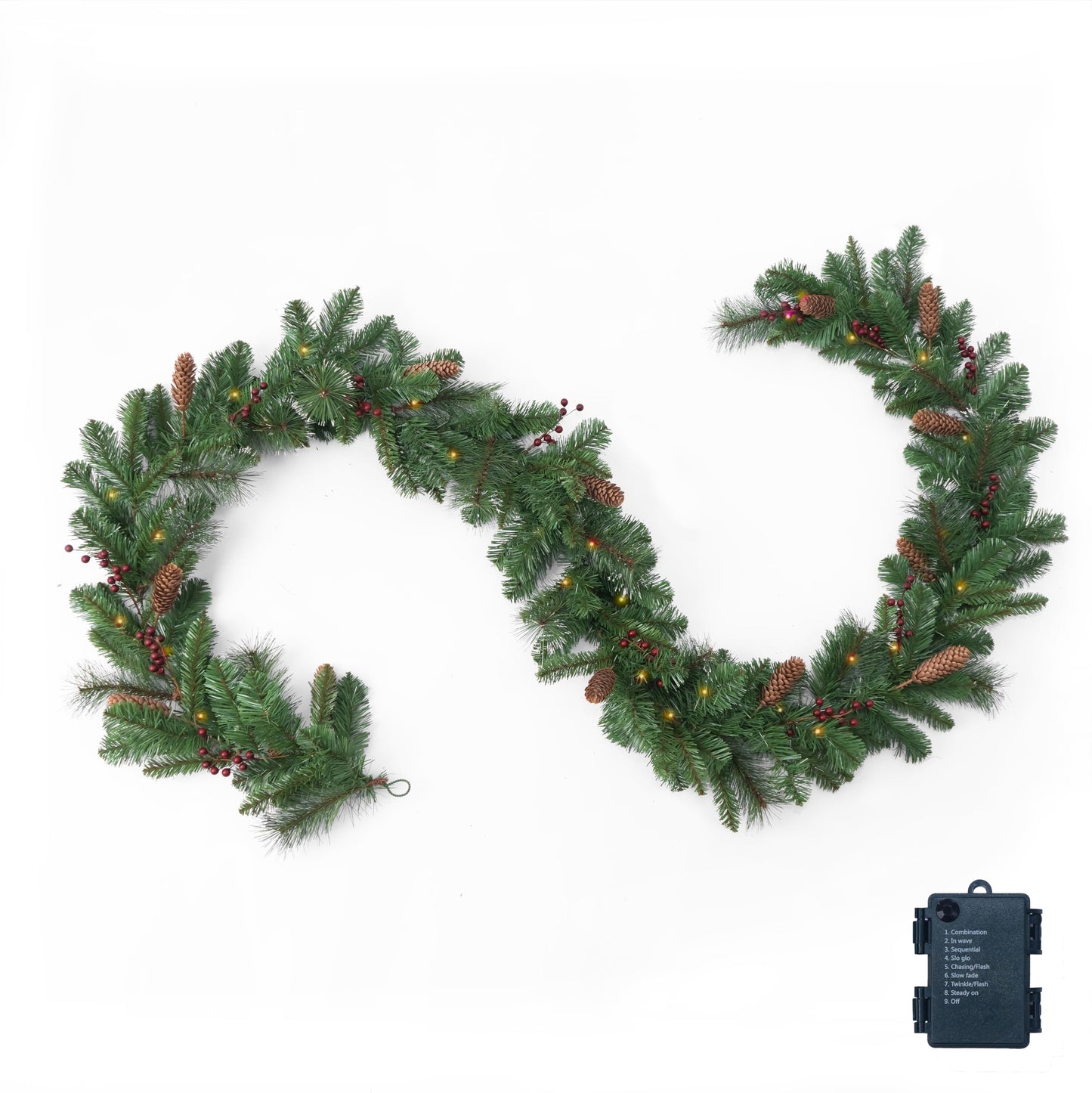 QXXQ 9 Feet Christmas Garland - Christmas Decorations - Carolina Pine Garland for Table, Fireplace, Mantle, Wall, Indoor Outdoor - Green Garland for Christmas Decorations - Free LED String Lights