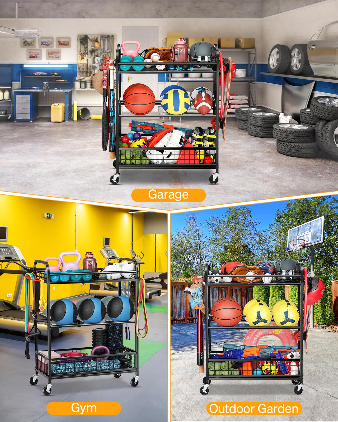 EXTCCT Ball Storage Sports Equipment Organizer - Garage Storage Cart Rolling Ball Storage Rack with Hooks Wheels Outdoor Indoor Gym Gear Toy Holder Bin for Basketball, Baseball, Soccer