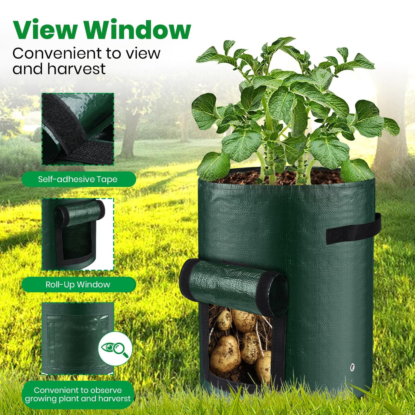 BIJOKETTEN 10 Gallon 3-Pack Potato Grow Bags, Heavy Duty PE Fabric Pots with Flap and Handles, Green Planter Bags for Potato Vegetables Outdoor Garden, 17.7''x13.8'' Large for All Plants Growing