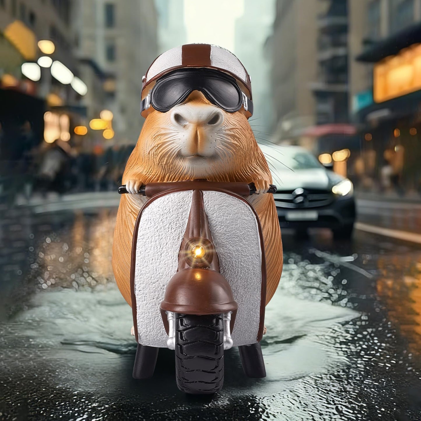 Capybara Solar Outdoor Figurine Light, Capybara Riding Motorcycle Garden Statue with LED Headlight, Waterproof Solar Powered Lawn Decor for Yard Patio Porch, 8.6” x 4.7” x 9.4”