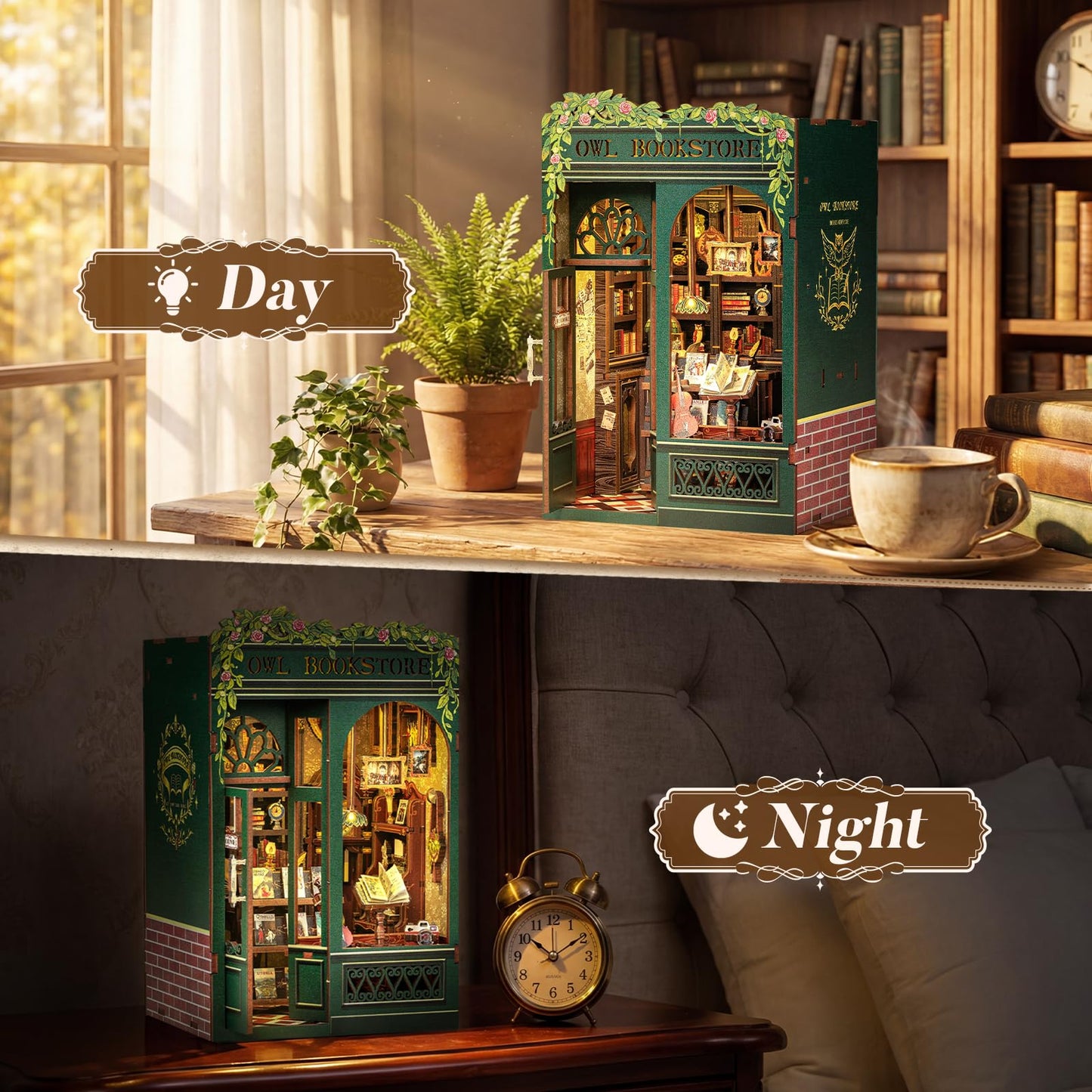 CUTEBEE Book Nook Kit - DIY Miniature House Kit for Adults, Teens and Beginners, Dollhouse Booknook Library Tiny House Bookshelf Decor 3D Wooden Puzzle, Gifts for Family, Friends (Owl Bookstore)