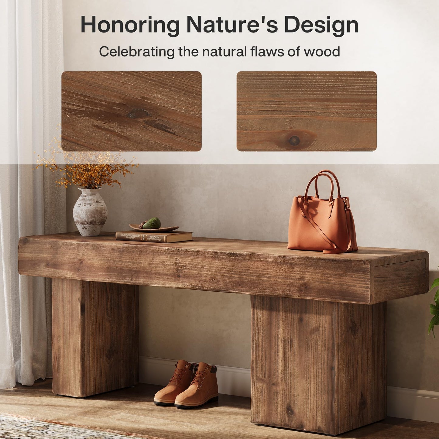 TRIBEWOOD Thickened Solid Wood Bench, 47" Rustic Farmhouse Entryway Bench with Artistic Legs, Heavy Duty Dining Bench for Kitchen, Living Room, Hallway, End of Bed, Natural Wood
