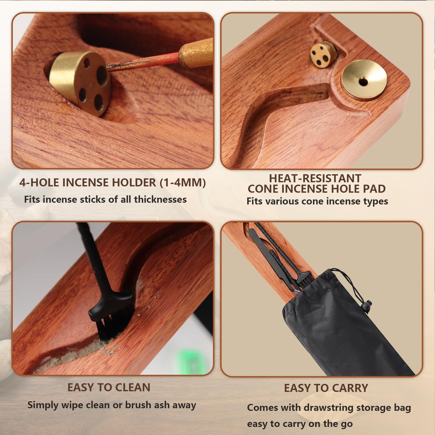 Zeckzoin 2 in 1 Wooden Incense Holder Sticks with Backflow Incense Cone Burner,Multi-Hole Fits All Thicknesses Sticks,for Meditation Yoga Home Gift