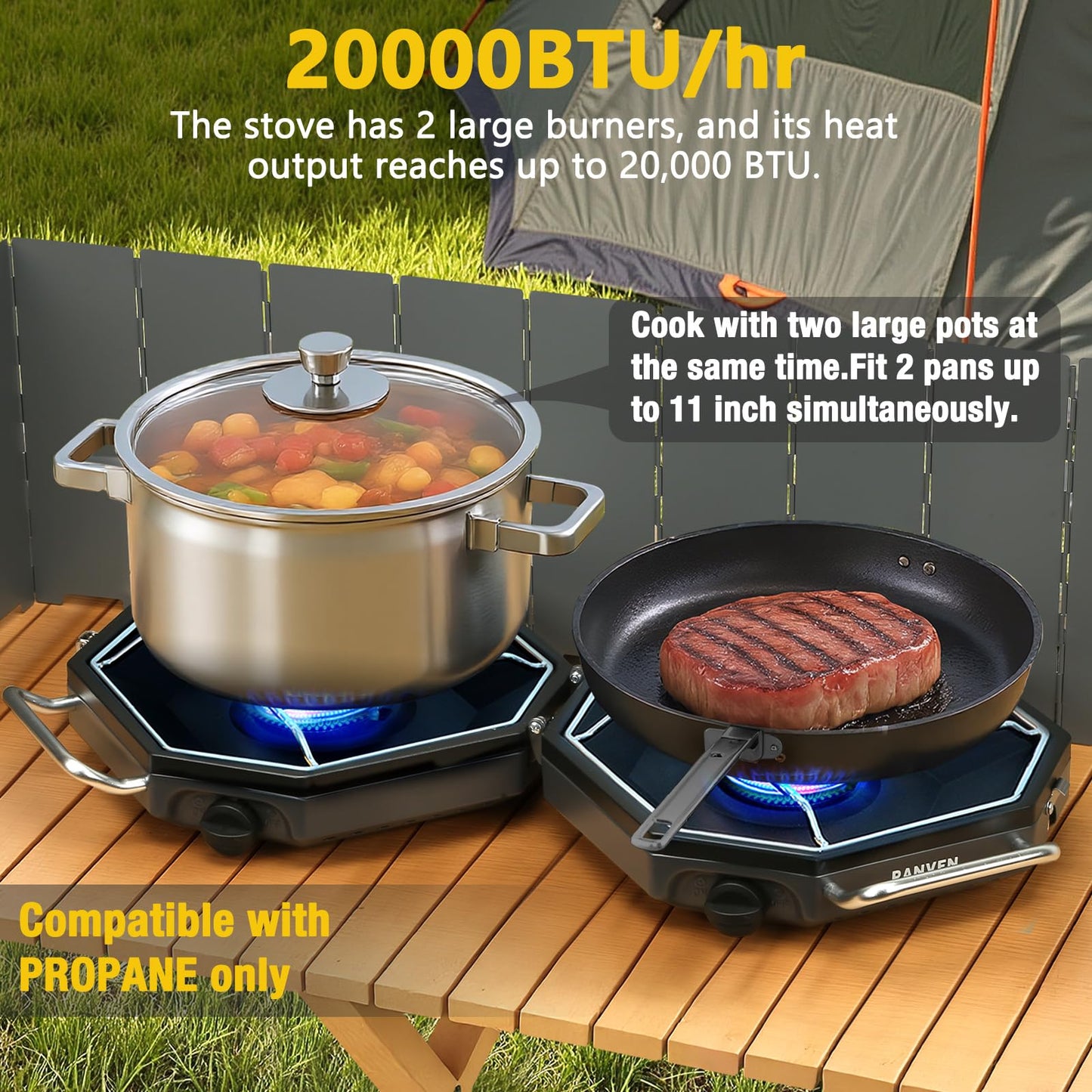 Camping Stove Propane, 2 Burner Camp Stove, 20,000 BTU Propane Camping Stoves, Portable Gas Stove with Windscreen, Storage Bag, Regulator for Picnic, BBQ, Tailgating