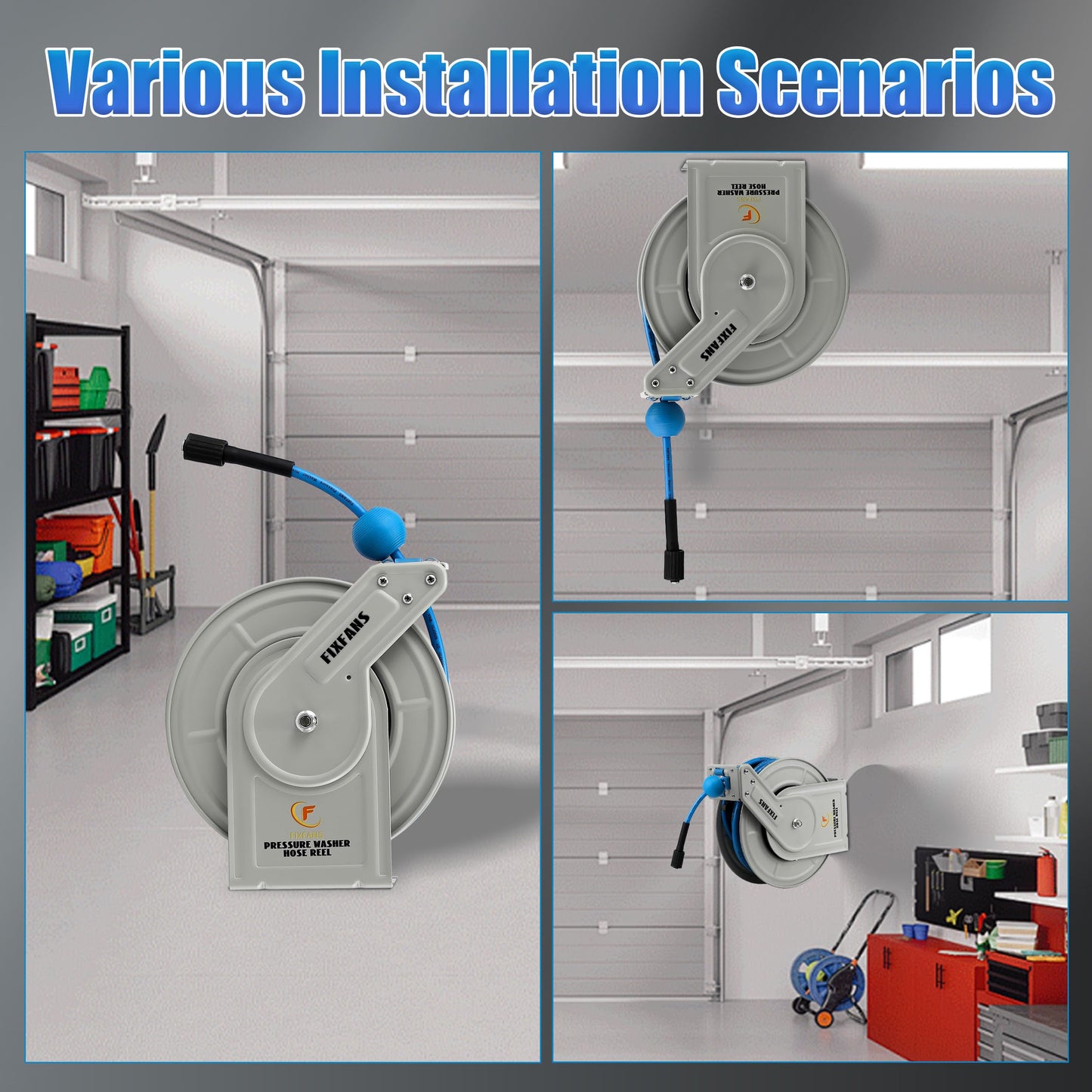 FIXFANS Pressure Washer Hose Reel with Hose, 1/4" × 60ft Retractable Power Washer Hose Reel, Heavy Duty Hose Reel Auto Rewind, Wall Mounted, 3600 PSI