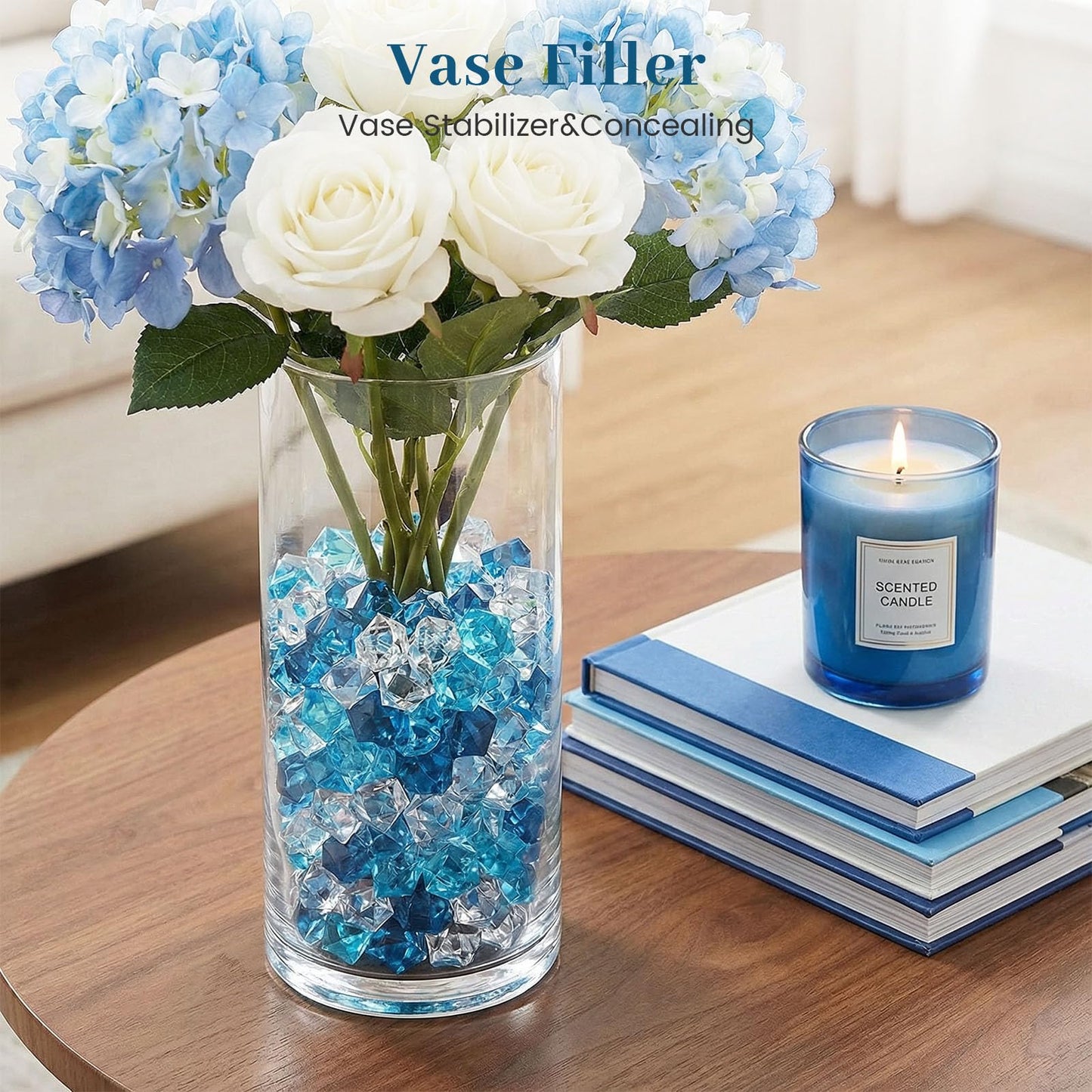 DomeStar 150PCS Assorted Blue Fake Ice Rocks Vase Fillers, Aquarium Gravels Small Stones for Fish Tanks Decorations Home Table Scatter