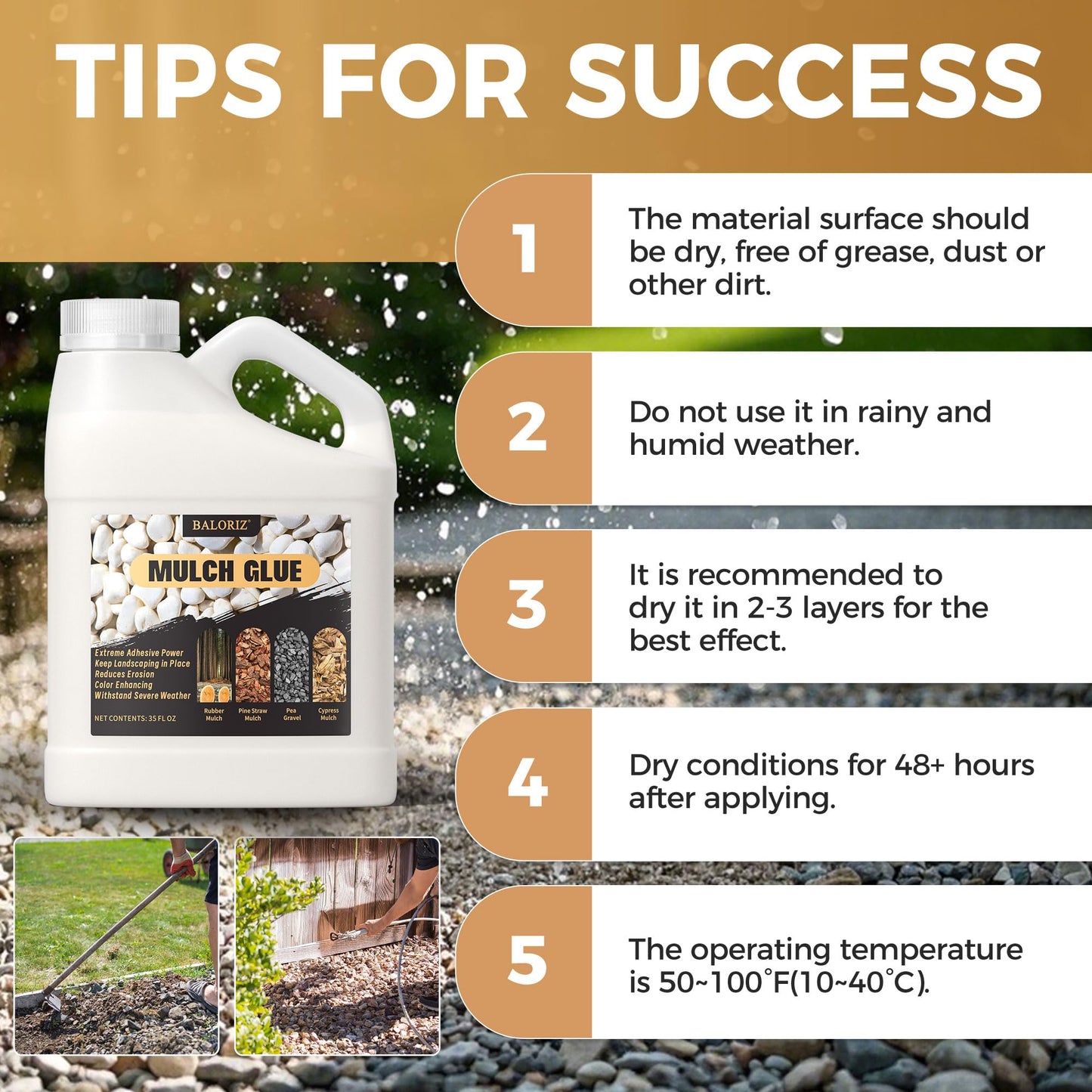 BALORIZ Mulch Glue - 35oz Mulch and Rock Glues for Landscaping, Pea Gravel & Bark, Strong Stabilizing Gravel Glue with Applicator Ready to Use Non Toxic Mulches Glues for Rocks Locking Most Mulches
