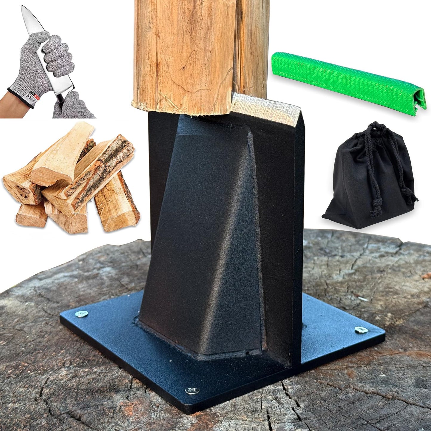 Fletzorb Kindling Splitter Firewood Log Splitter, Heavy Duty Steel No-Axe Wood Chopper, Manual Safe Wedge Cracker Tool with Cut-Resistant Gloves Set
