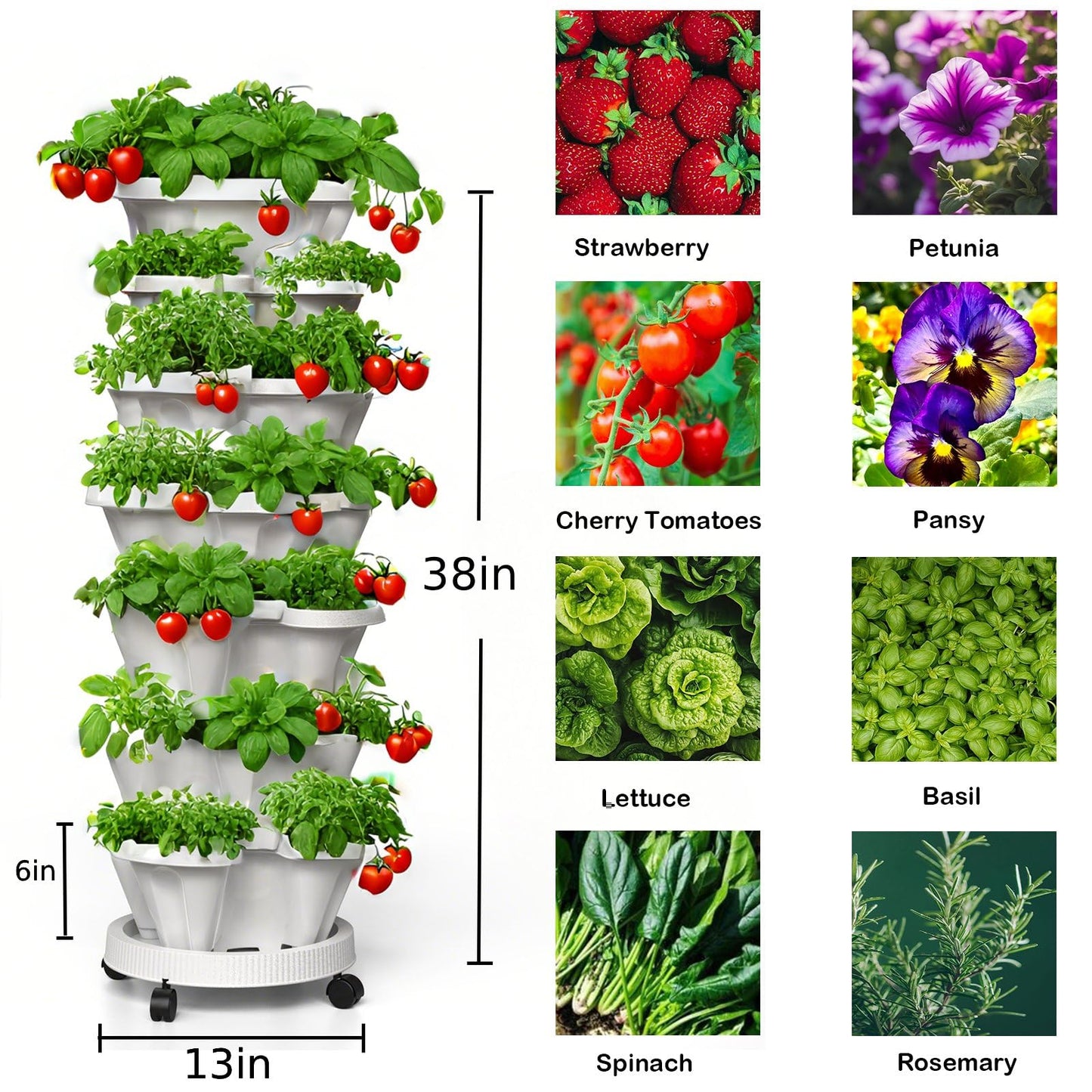 Lykvrii 7 Tiered Strawberry Planters 2 Pack, Vertical Stackable Planter, Herb Stacking Tower Garden, Flower and Vegetable Planters with Support Pole Indoor & Outdoor with Removable Wheels - White