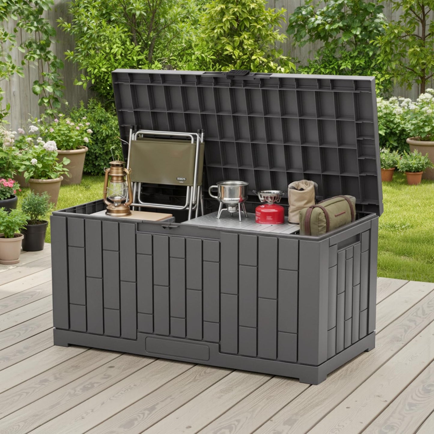 DUMOS 60 Gallon Deck Box, UV Resistant Waterproof Storage Bin for Patio Cushions Gardening Tools, Lockable Resin Outdoor Storage Box with Hundles, Grey