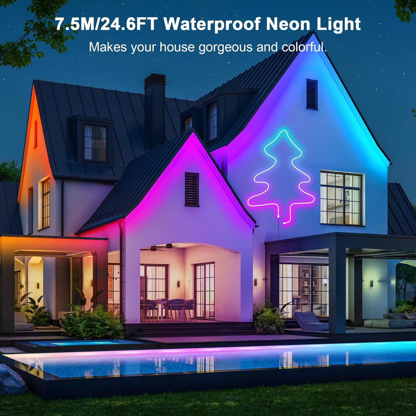 Cozylady RGB Neon LED Rope Lights, Waterproof Bluetooth APP Remote Control Music Sync Strip Lights, 24V Flexible DIY Silicone Light for Bedroom Home Indoor Outdoor Decor (7.5M/25Ft)