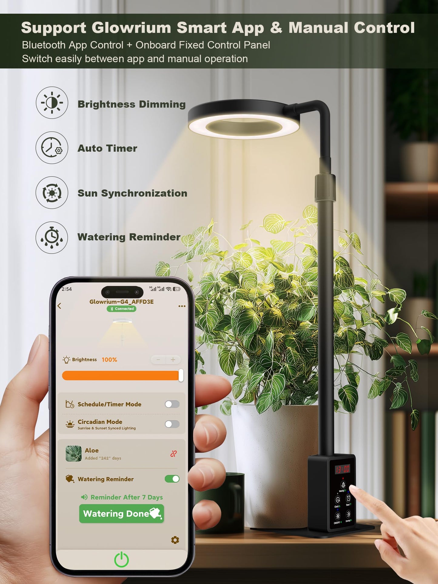 GLOWRIUM Smart LED Grow Lights for Indoor Plants G4, 12W Full Spectrum 3500K with Grow lamp, Bluetooth App Control, 10-Level Dimming, Gooseneck, Height Adjustable 16"-23", Auto Timer, (Black 12W)