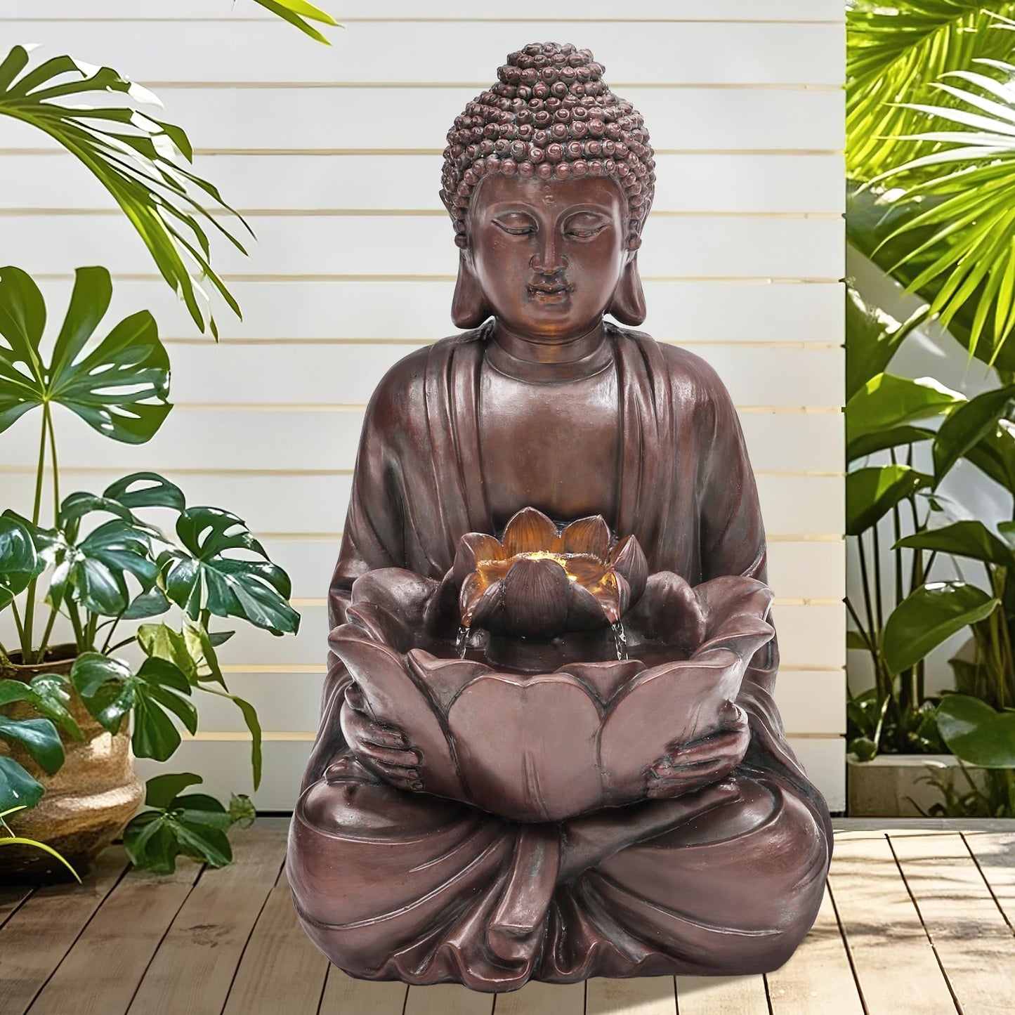 Ultym Zen Buddha Water Fountain Outdoor, 19" H Handcrafted Buddha Statue Water Feature with Soothing Waterfalls & Lights, Peaceful Oasis for Garden Patio Yard Deck Living Room Floor Tabletop Decor