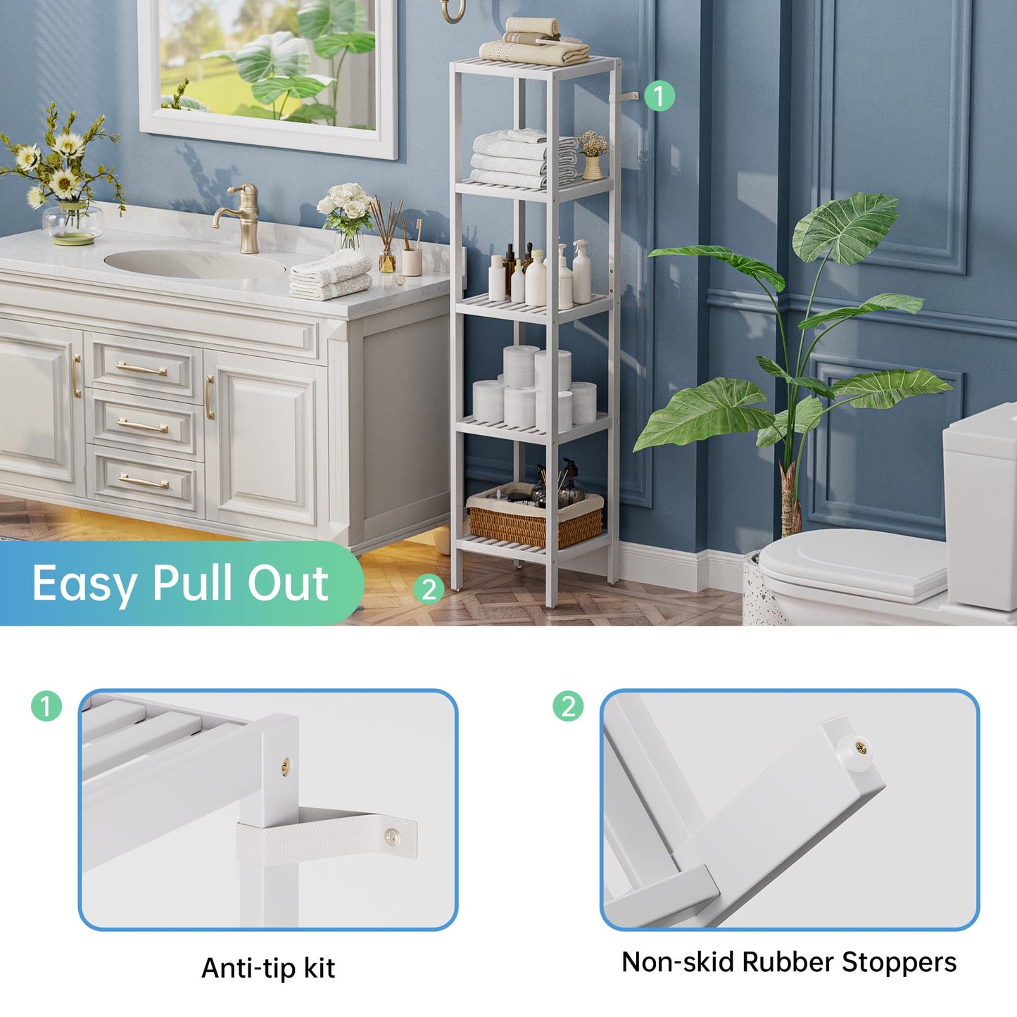SMIBUY Bathroom Storage Shelf, 5-Tier Bamboo Rack Organizer, Multifunctional Shelving Unit for Living Room Bedroom Kitchen (White)