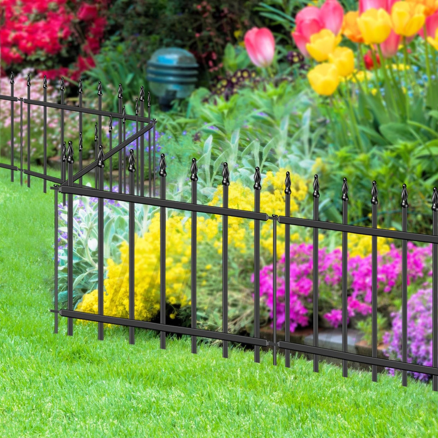 FOREHOGAR Decorative Metal Garden Fence 18 in H x 10 ft L, Small Border Roman Column Deco, Barrier Fencing for Yard Flower Bed Lawn Landscape Outdoor, 5 Panels + 6 Stakes Black