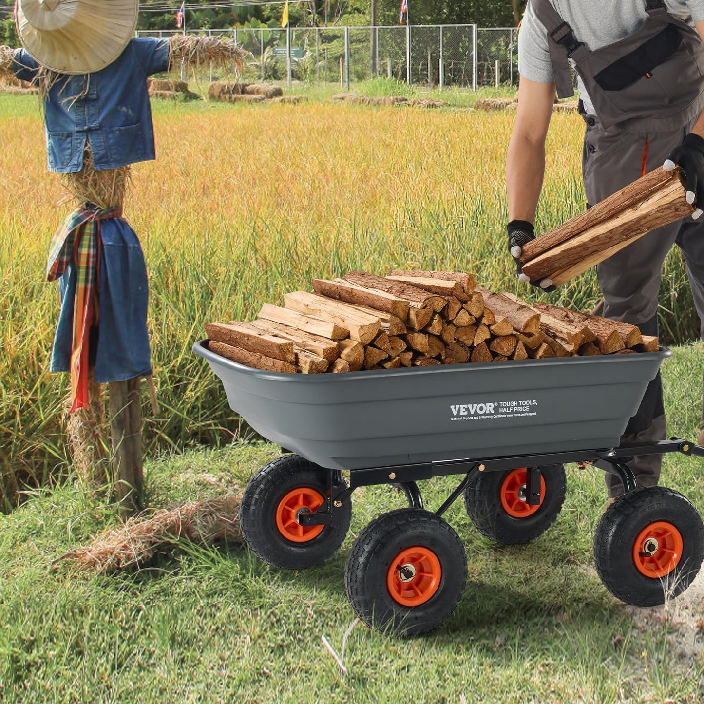VEVOR 4 Cu.Ft. 600lbs Poly Garden Dump Cart, Heavy Duty 4 Wheel Wheelbarrow Yard Cart Dump Wagon with 10in All Terrain Wheels, Steel Frame and Quick Release System