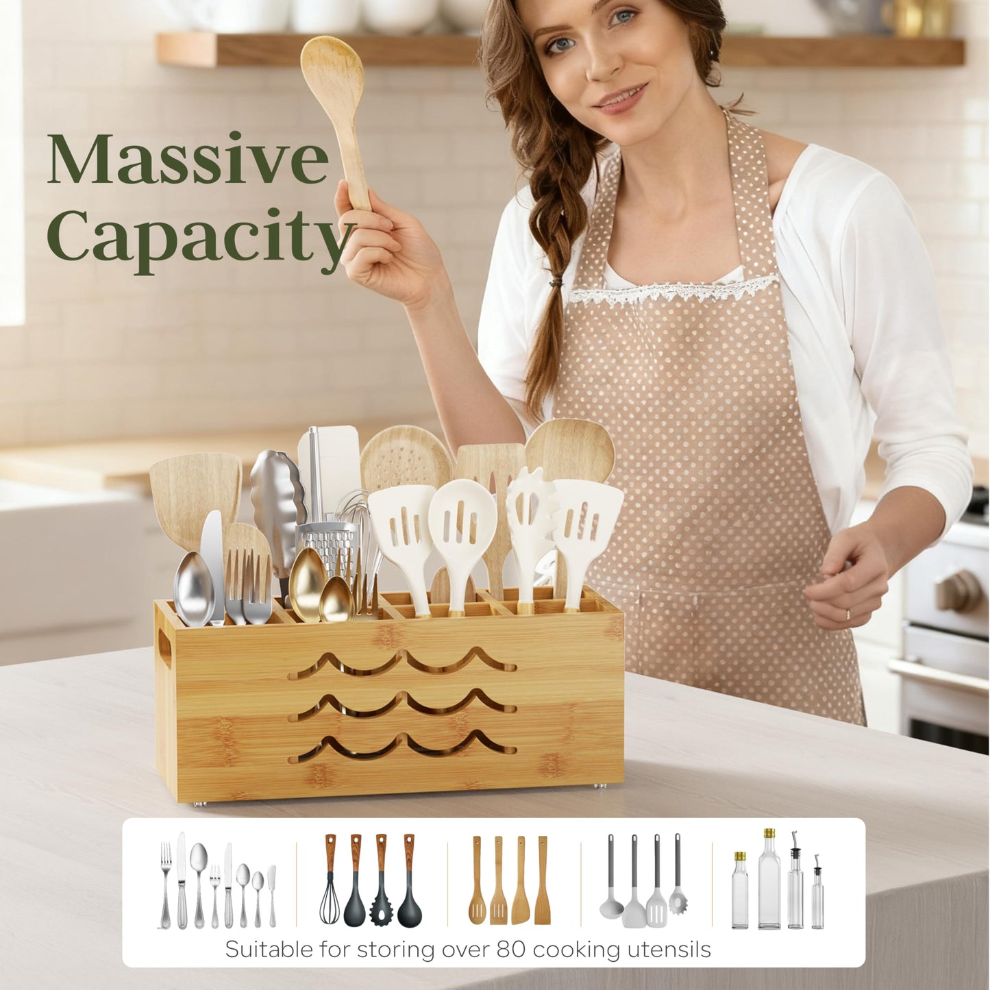 Kcrystenia Large Kitchen Utensil Holder for Countertop, 8 Adjustable Compartments Cooking Utensil Holder Organizer, Bamboo Silverware Caddy with Absorbing Stone Drying Mat for Spatula Spoon