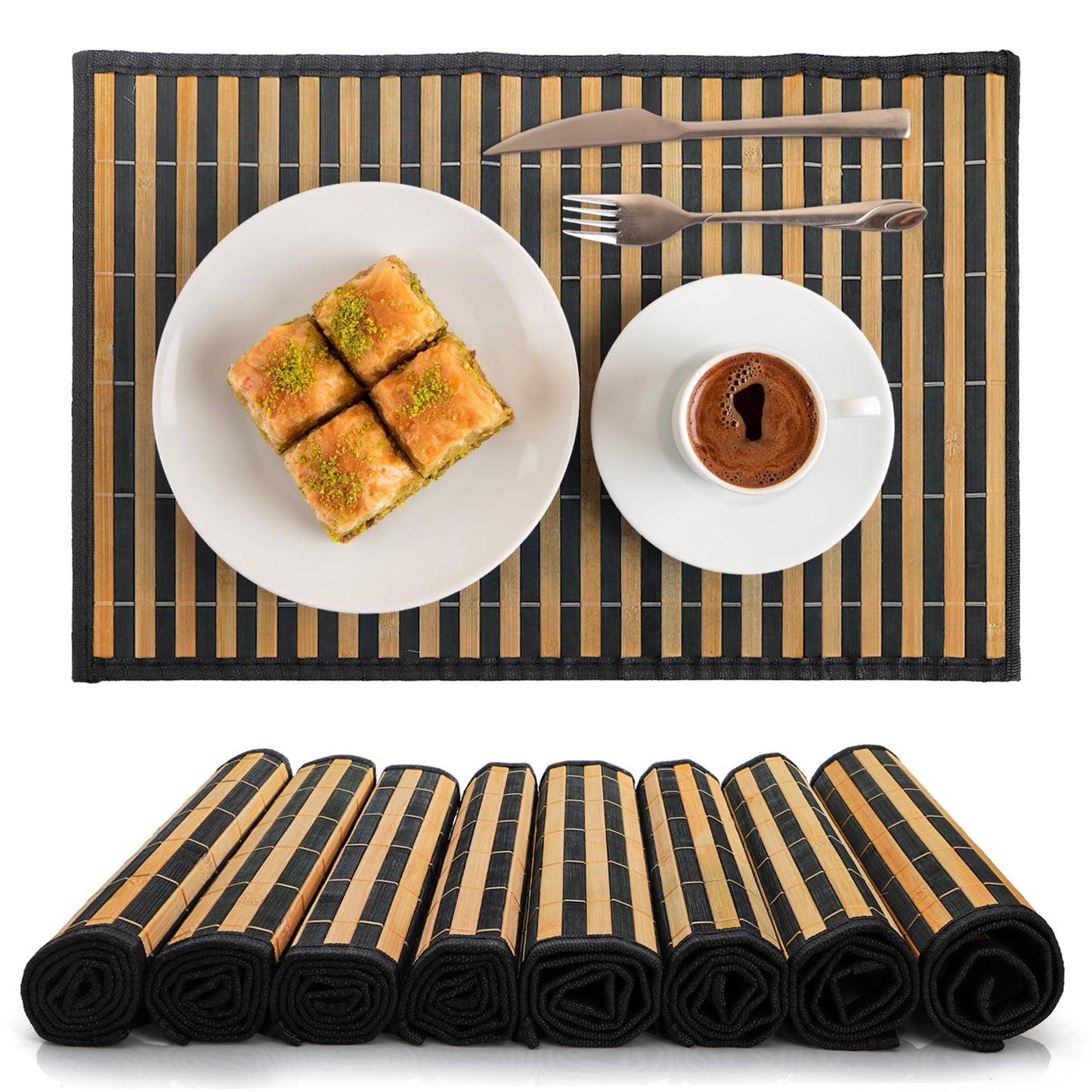 YIMITEE 8 Pack Bamboo Placemats, 18 x 12 Inch Anti-Slip Table Mats, Rustic Japanese Style Heat-Resistant Dining Place Mats for Dining Room Kitchen Wedding Restaurant Party