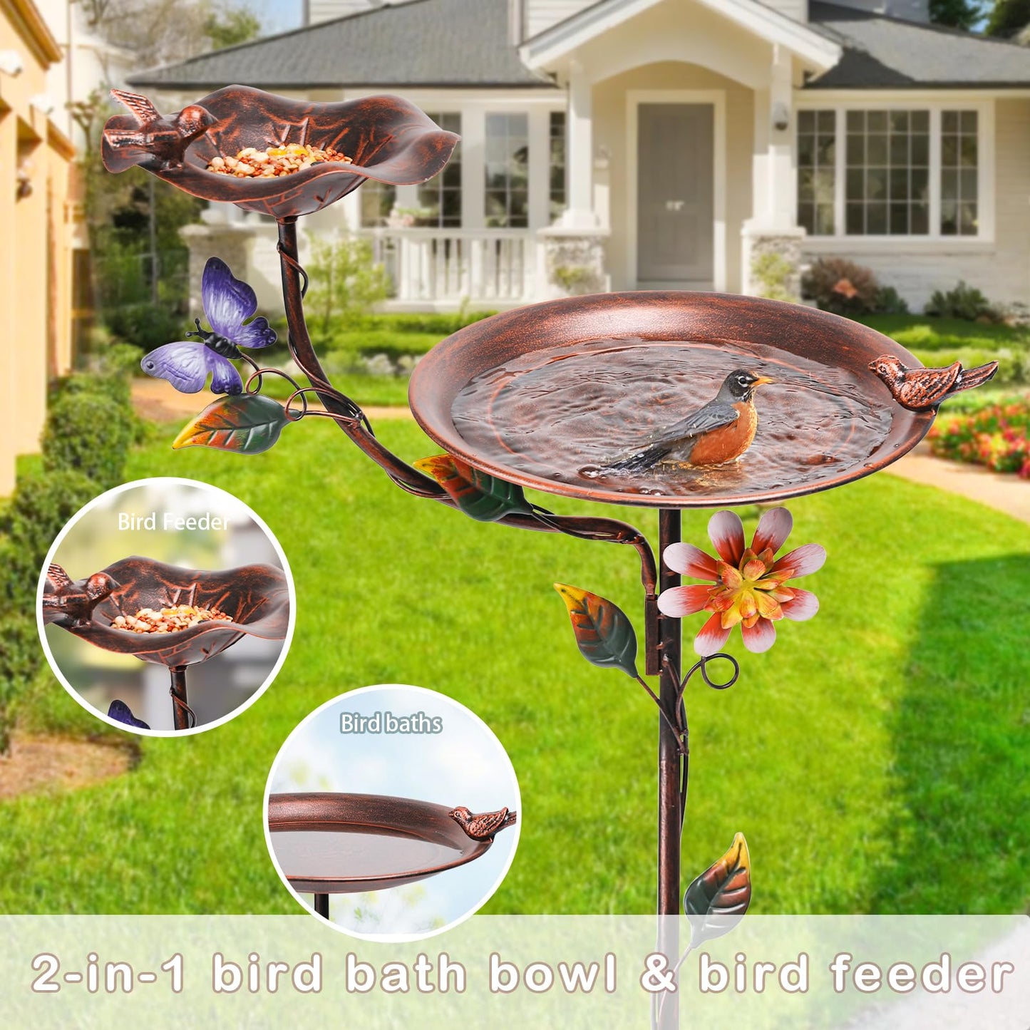 MUMTOP Bird Baths and Feeder for Outdoors, 55 inch Height Metal Birdbath Antique Garden Bird Feeder with Metal Stake for Garden Outside Yard Lawn Decorations, Copper