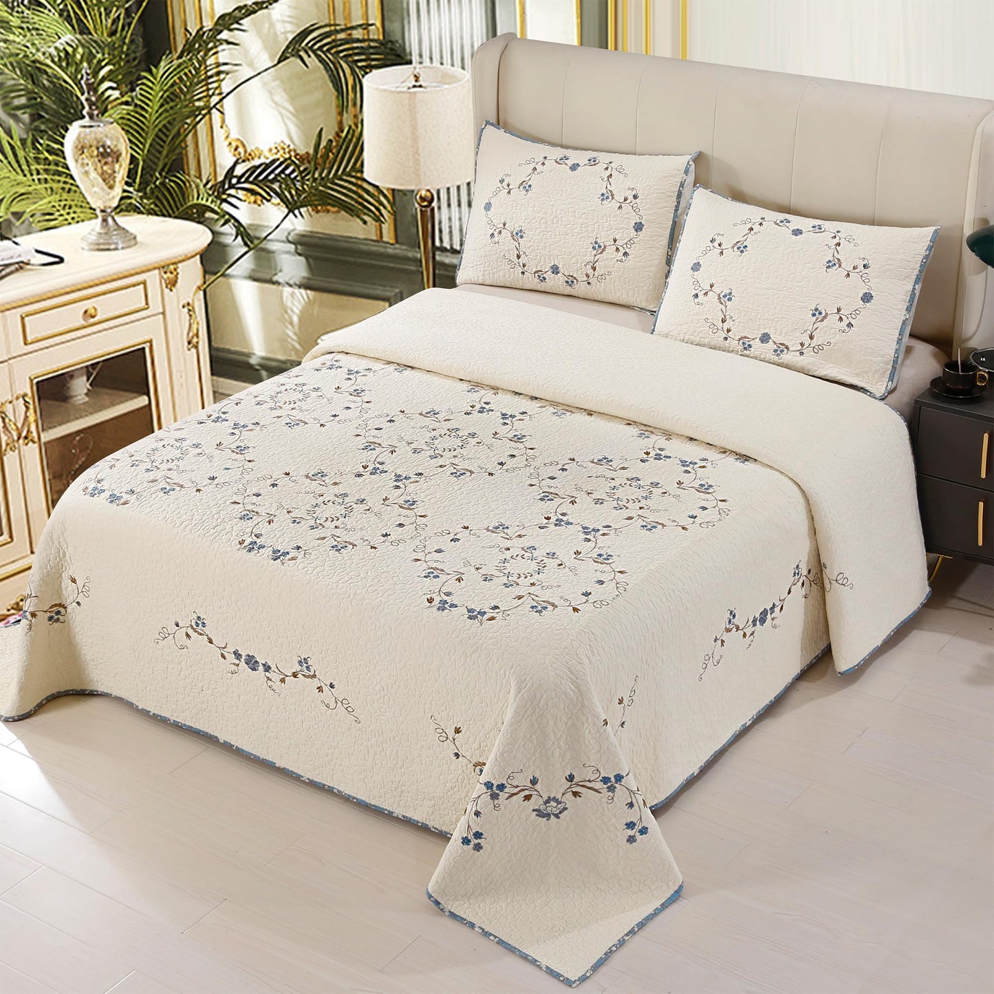 Quilt Set Blue Floral 3D Embroidery Pattern 3 PCS 100% Cotton Reversible Quilted Embroidered Decorative Bedspreads Coverlet Set, Lightweight &Soft King Size White Bedding Coverlet for All Season