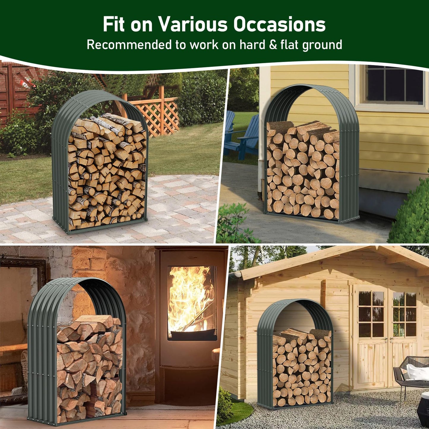 A ANLEOLIFE 2-Set Galvanized Steel Firewood Storage Rack with Weatherproof Corrugated Roof, Heavy Duty Outdoor Log Holder for Patio Porch Fire Pit, Arch Gray
