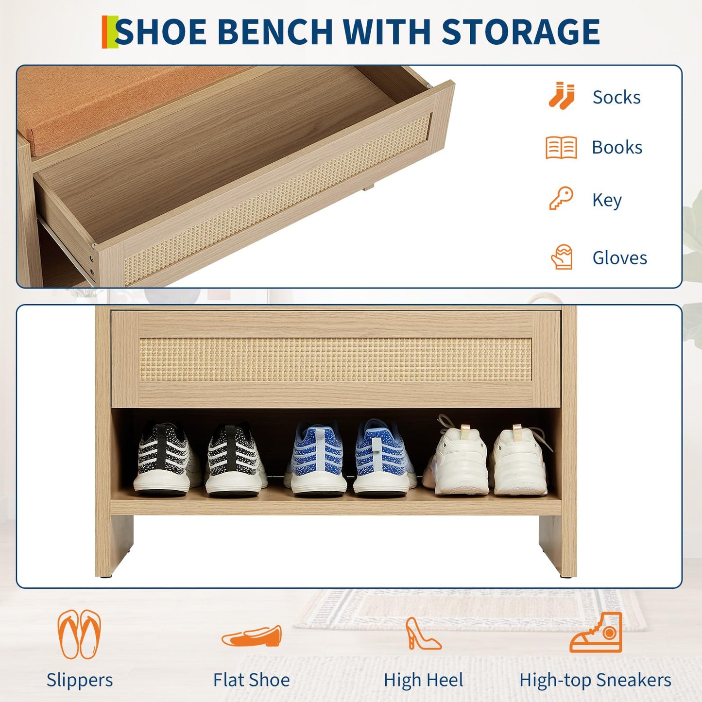 Garvee 32" L Farmhouse Shoe Bench with Storage Drawer & Linen Cushion – Wooden Entryway Bench with Open Shelf for Hallway, Bedroom & Living Room Organization,Light Oak