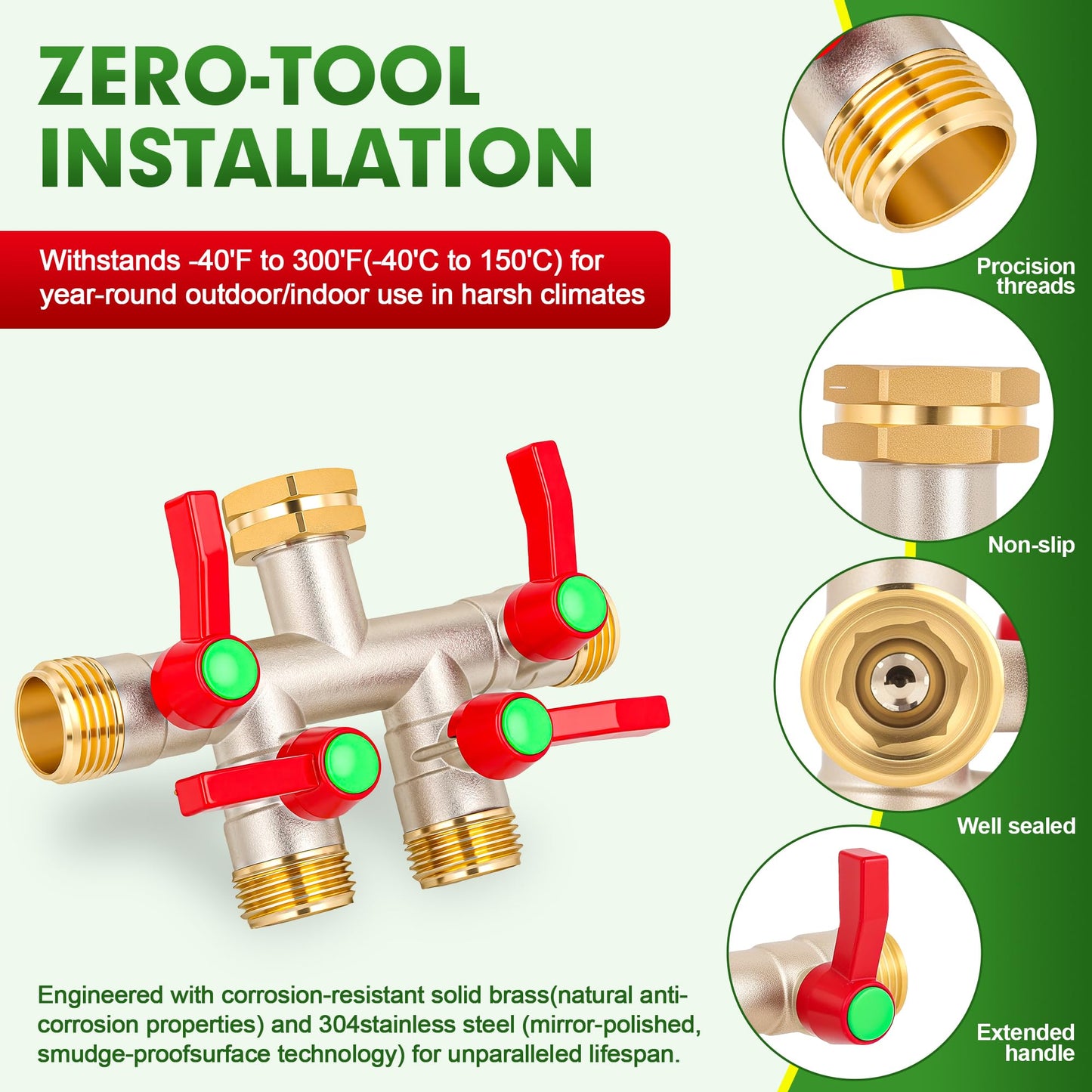DINGBAI Hose Splitter 4 Way, High Flow Garden Hose Splitter, 3/4” Ght Inlet Brass Heavy Duty Hose Converter, Full Flow water 4 Way Faucet hose splitter, Long Handle Hose Valve Large Outlet.