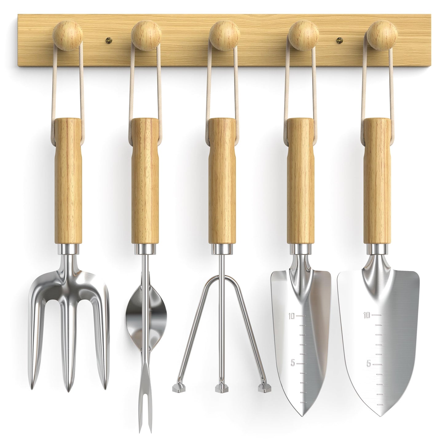 Grenebo Wood Wall Hooks Organizer Gardening Tool Set, 6-Piece Garden Tools with 5 Sturdy Wooden Hooks for Wall, Rust-Proof Outdoor Garden Tool Set, Gardening Gifts for Women, Coat Rack Wall Mount