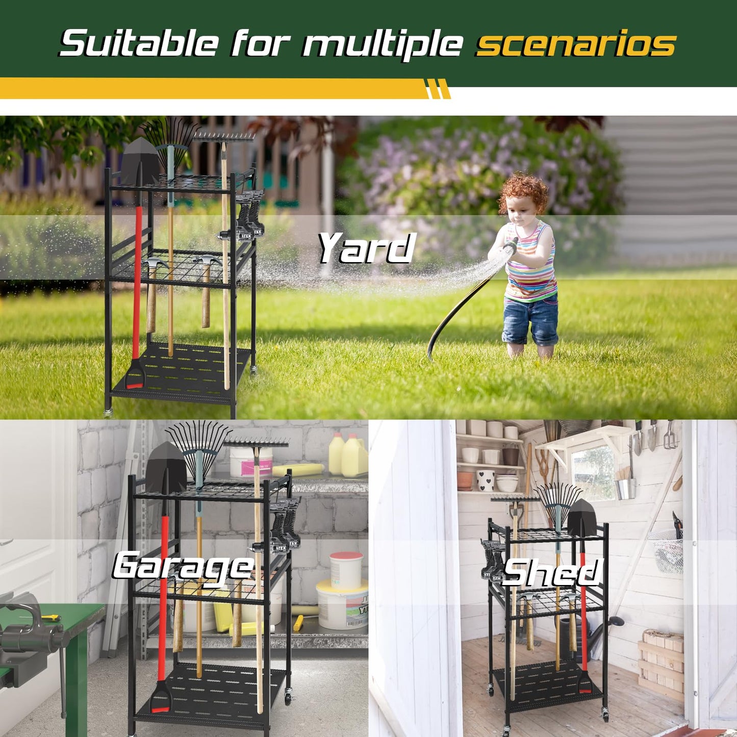 THESEATOP Garden Tool Organizer, 3-Tier Yard Tool Storage Rack with 35 Slots & 3 Hooks, Heavy Duty Garage Organizer for Shovels, Rakes & Brooms (33.6" x 11.5" x 17")