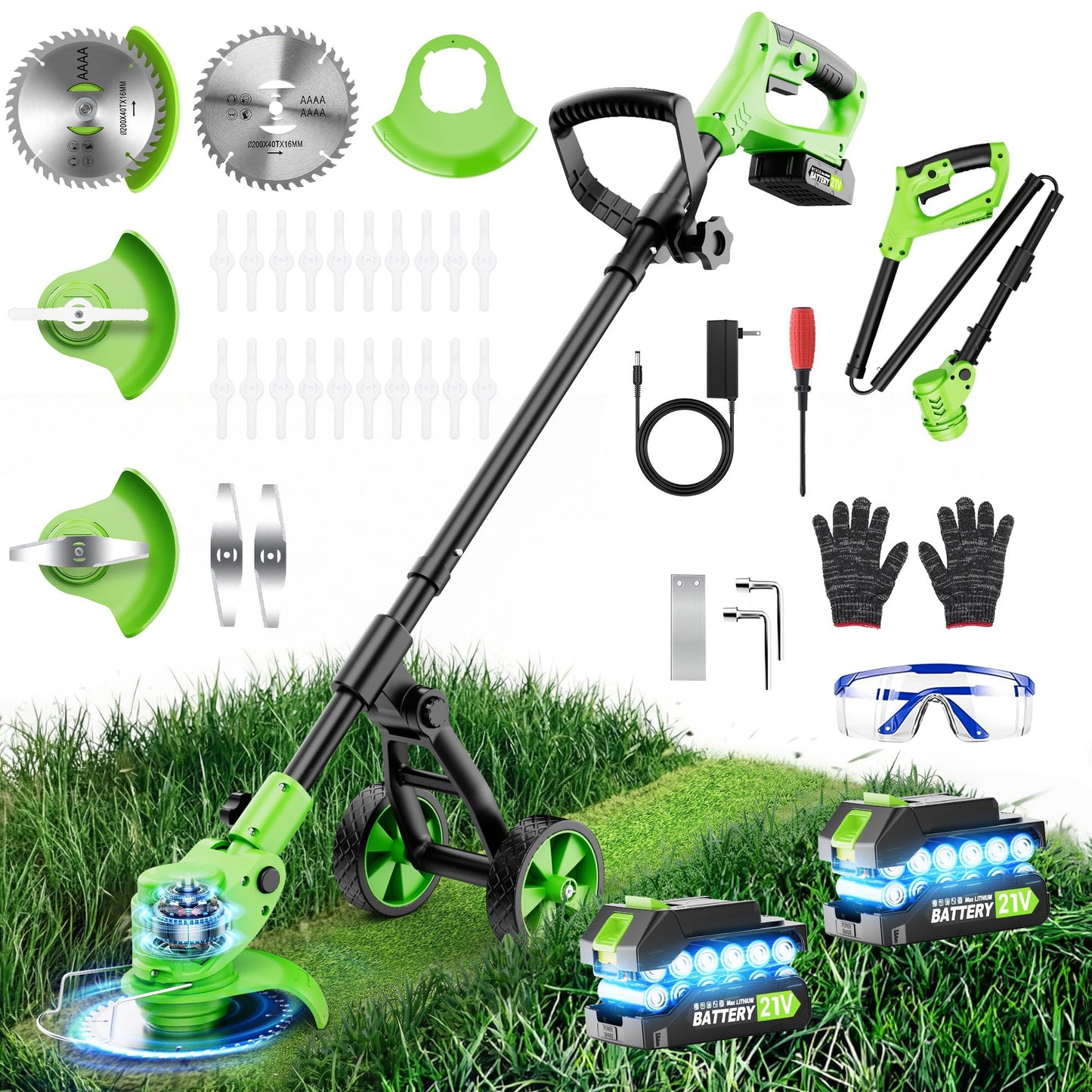 4-in-1 Cordless Weed Wacker with Wheels, 4000mAh Battery Powered Stringless Weed Eater, Brushless Grass Trimmer with 2 Batteries, 3 Blade, Adjustable Head, Lightweight Lawn Edger Brush Cutter